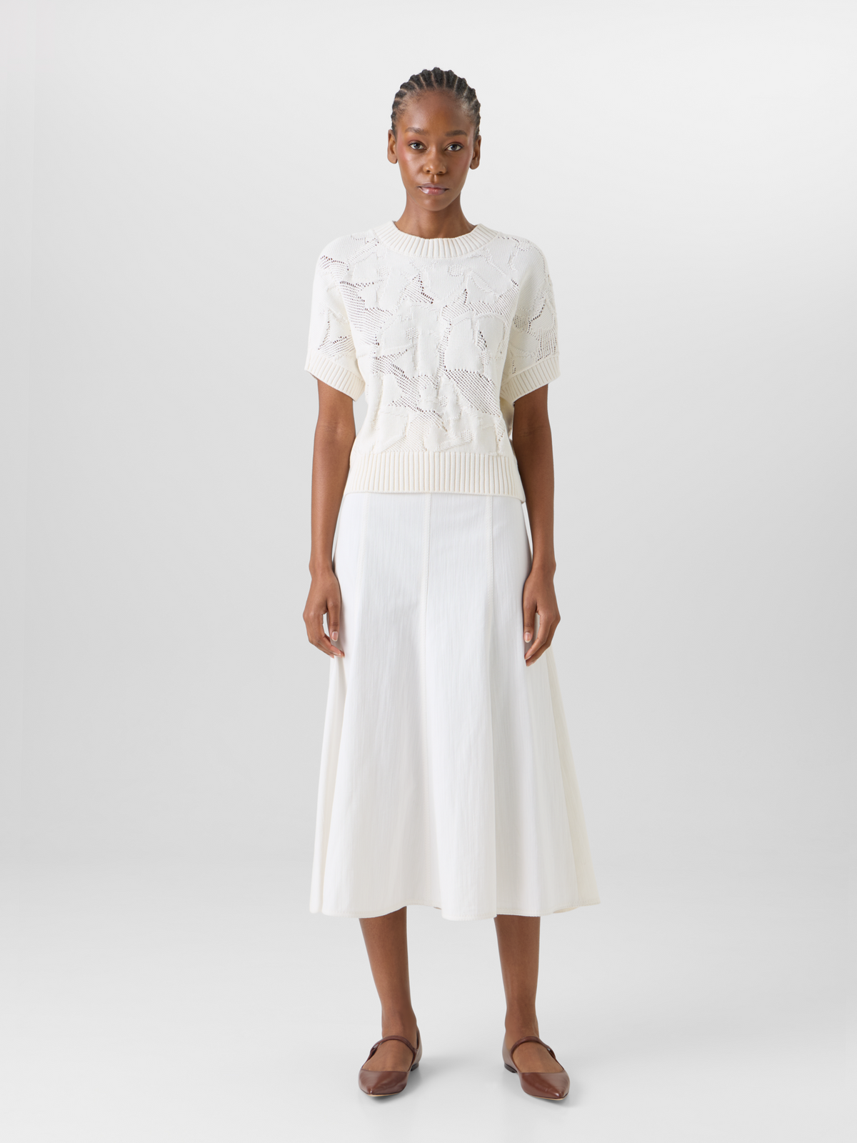 Designer Flared Cotton-Stretch Denim Midi Skirt - white #editorial