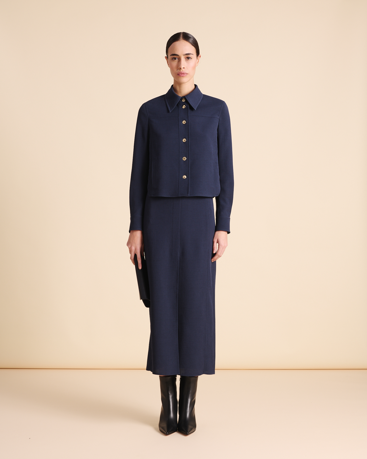 Designer Short Boxy Jacket in Cotton Double-Face - neutral - navy - blue #editorial