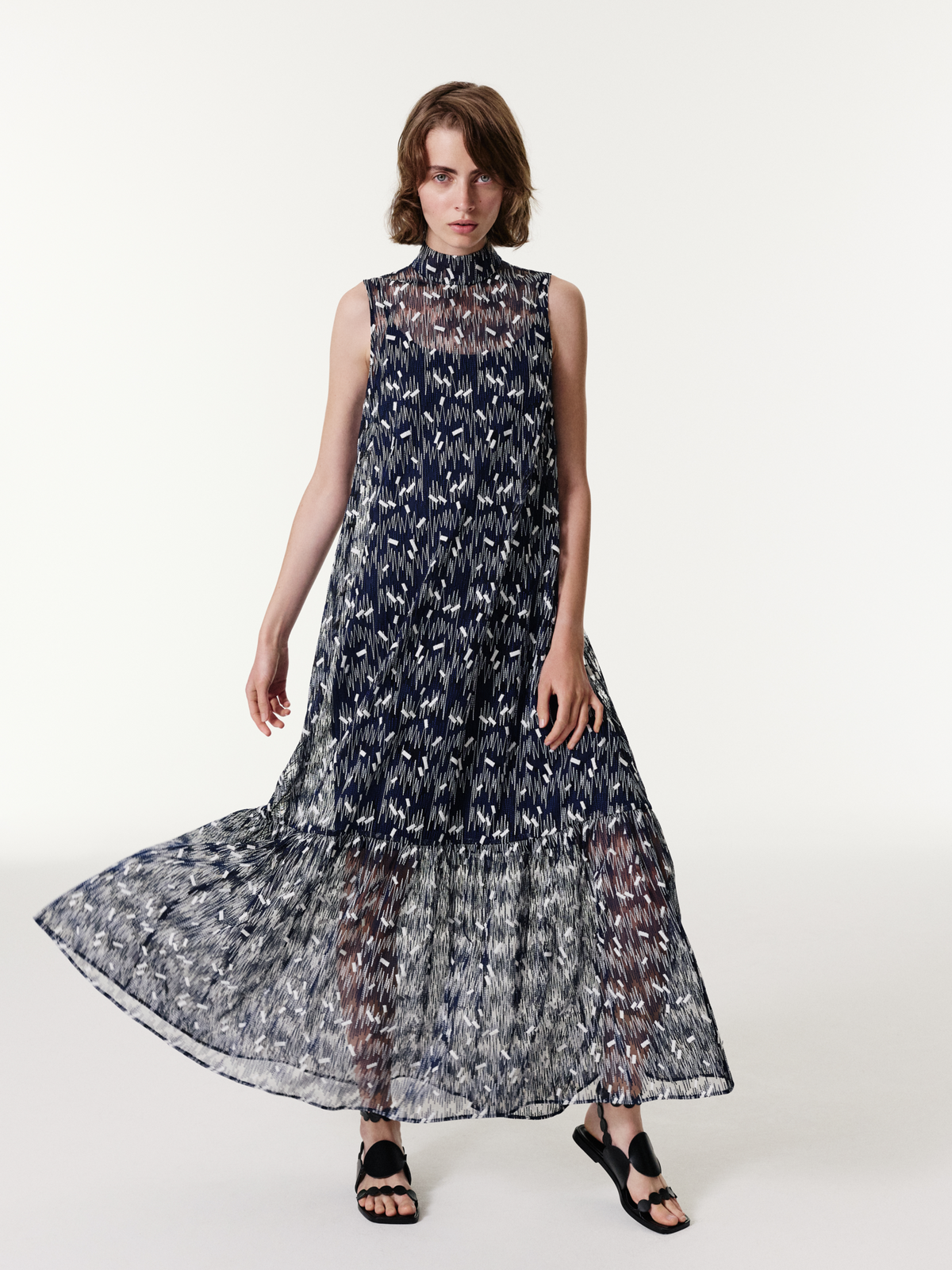 Designer Scribble Dot Embroidered Midi A-Line Dress - blue #editorial