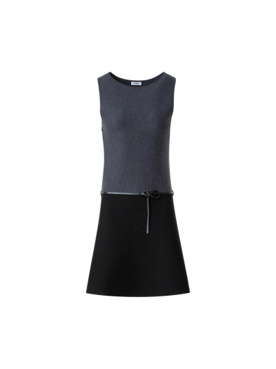 Designer A-Line Belted Milano Knit Mini Dress - black - neutral - grey - multicolor