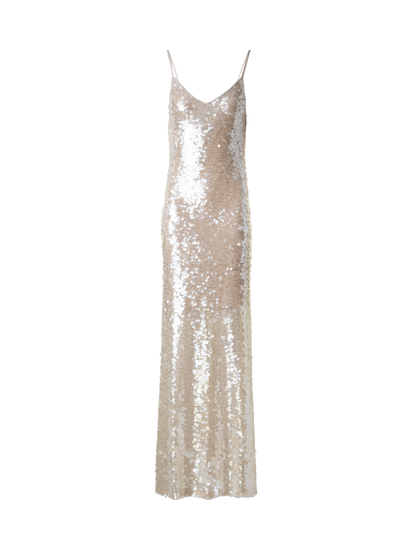 Designer Long Sequined Evening Gown - neutral - pastel - beige