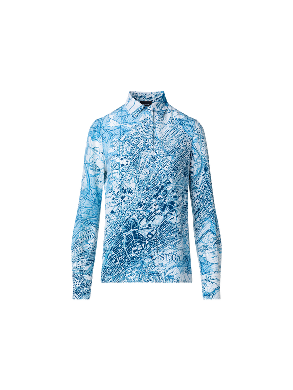 Designer St. Gallen Map Print Silk Blouse - blue - multicolor