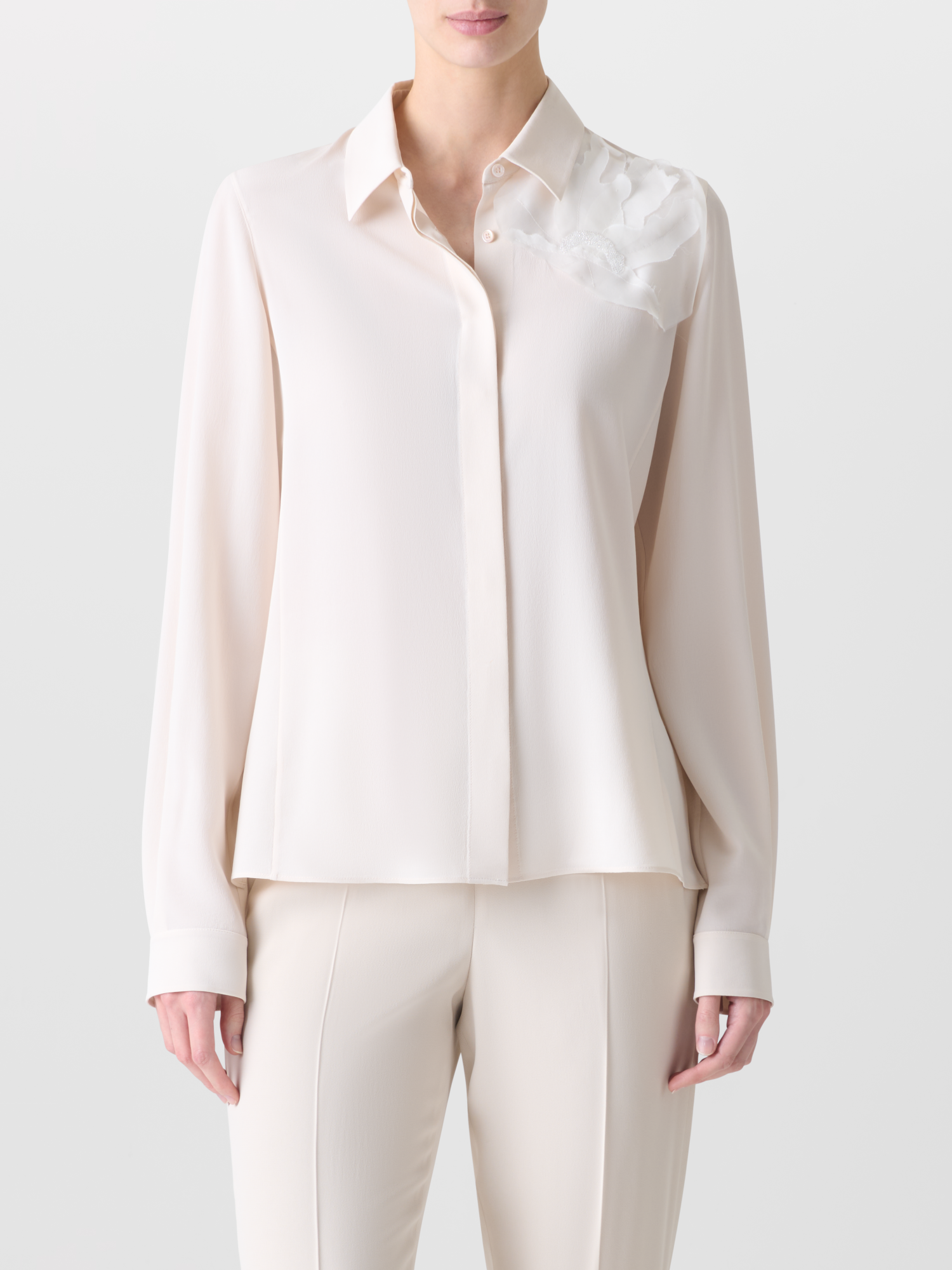 Designer Silk Blouse with 3D Organza Anemone - neutral - ecru - white