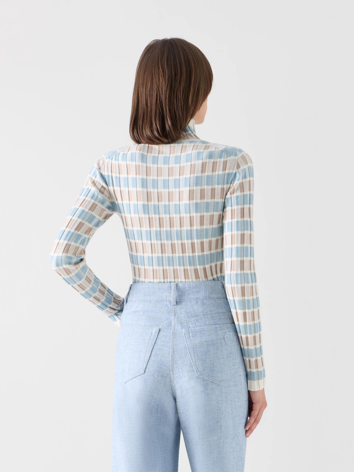 Designer Merino Wool Ribbed Sweater with Check Intarsia - multicolor 