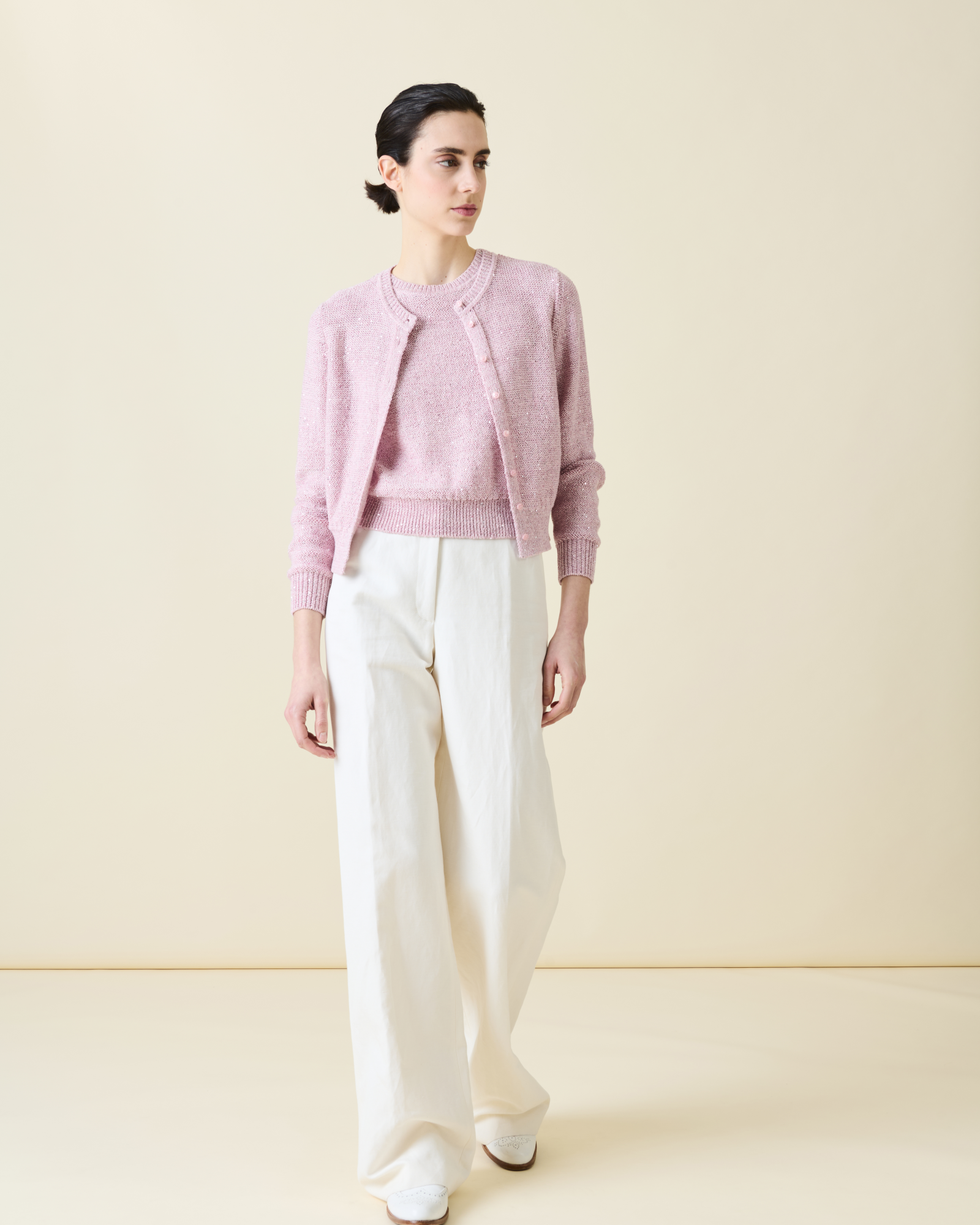 Designer Cardigan in Linen Cotton with Micro Sequins - pastel - pink 