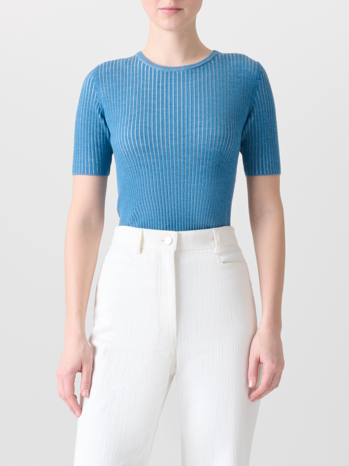 Designer Fitted Short Sleeves Knit Shirt in Merino Wool - blue #editorial