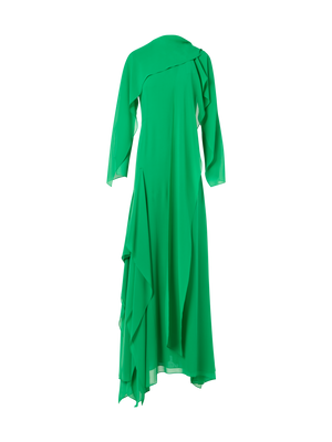 Designer Silk Georgette Asymmetrical Gown with Cape Sleeves - green