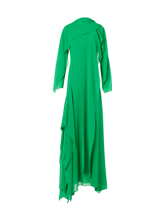 Designer Silk Georgette Asymmetrical Gown with Cape Sleeves - green