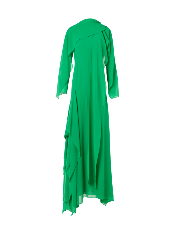 Designer Silk Georgette Asymmetrical Gown with Cape Sleeves - green