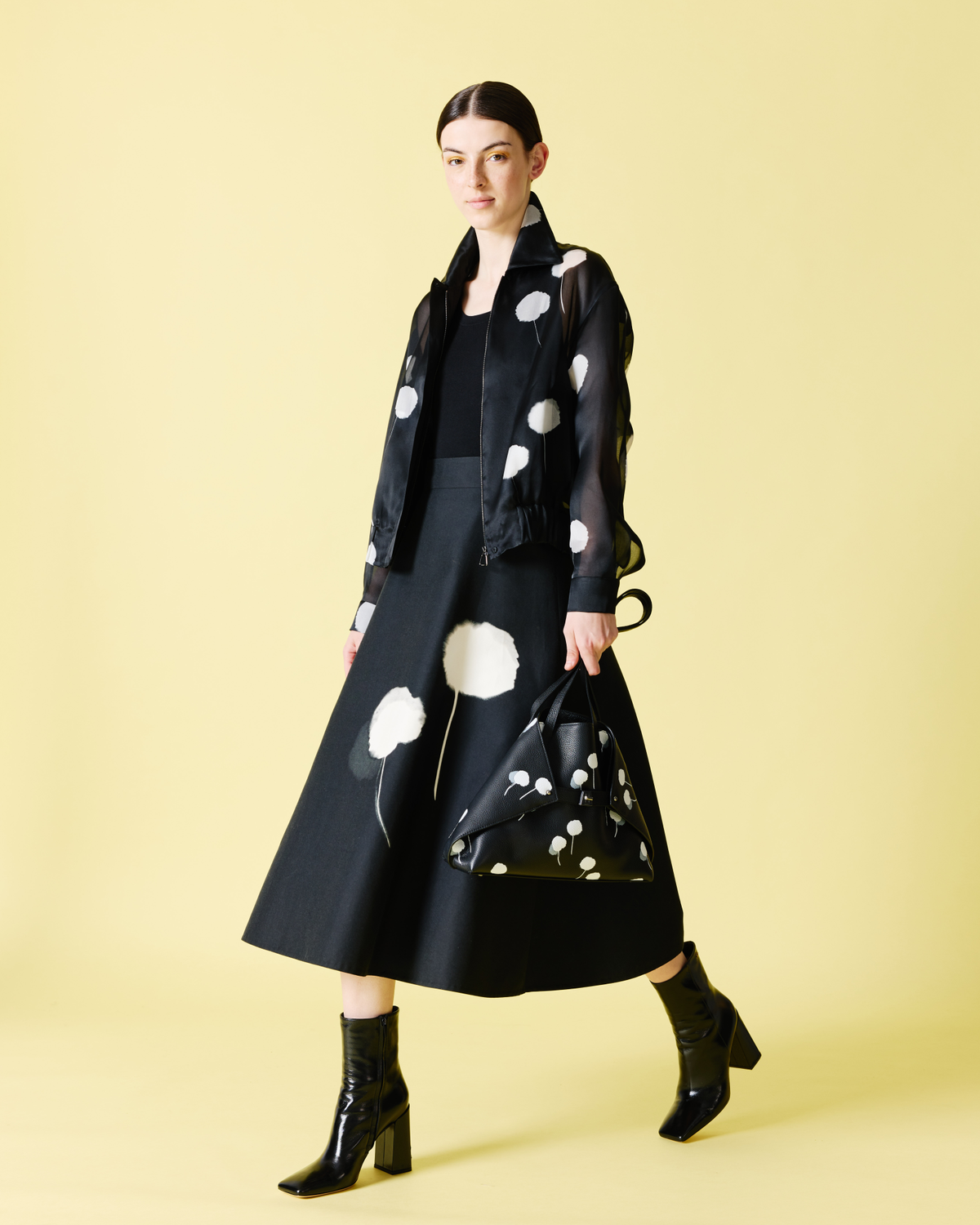 Designer Bomber Jacket in Silk with Dandelion Print - black - multicolor #editorial