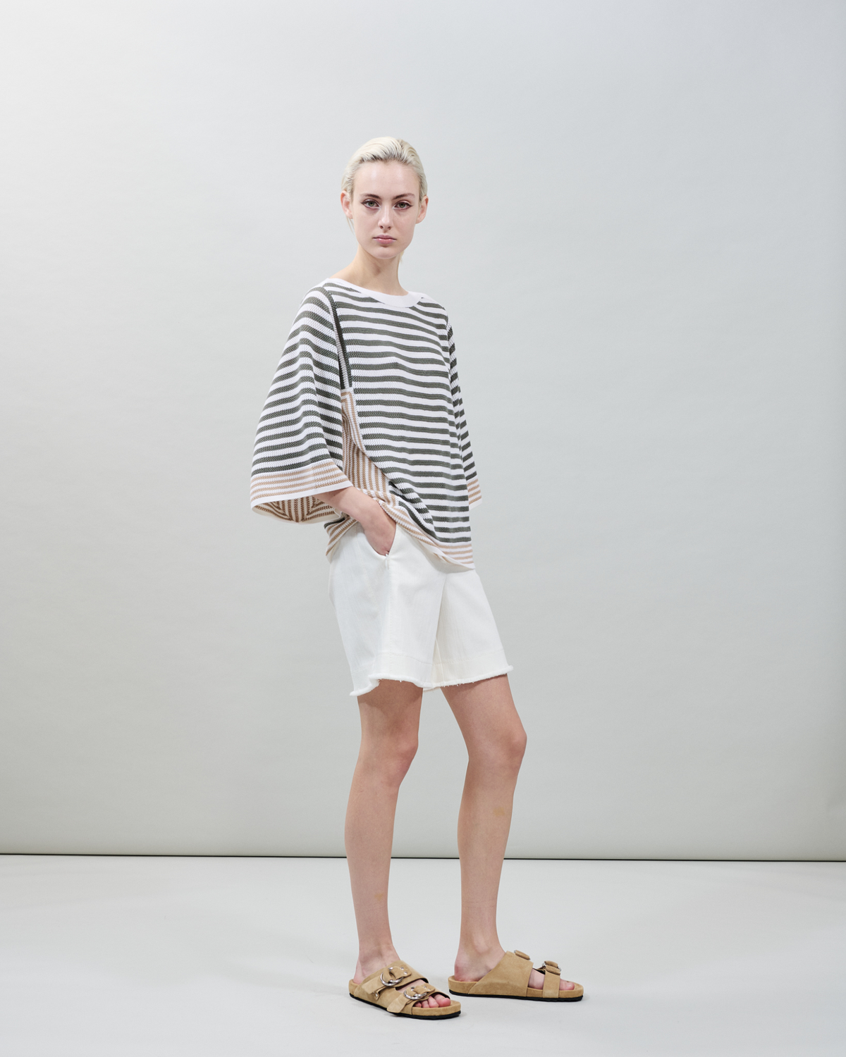 Designer Striped Volume-Sleeve Sweater in Merino Wool - neutral - green - multicolor #editorial