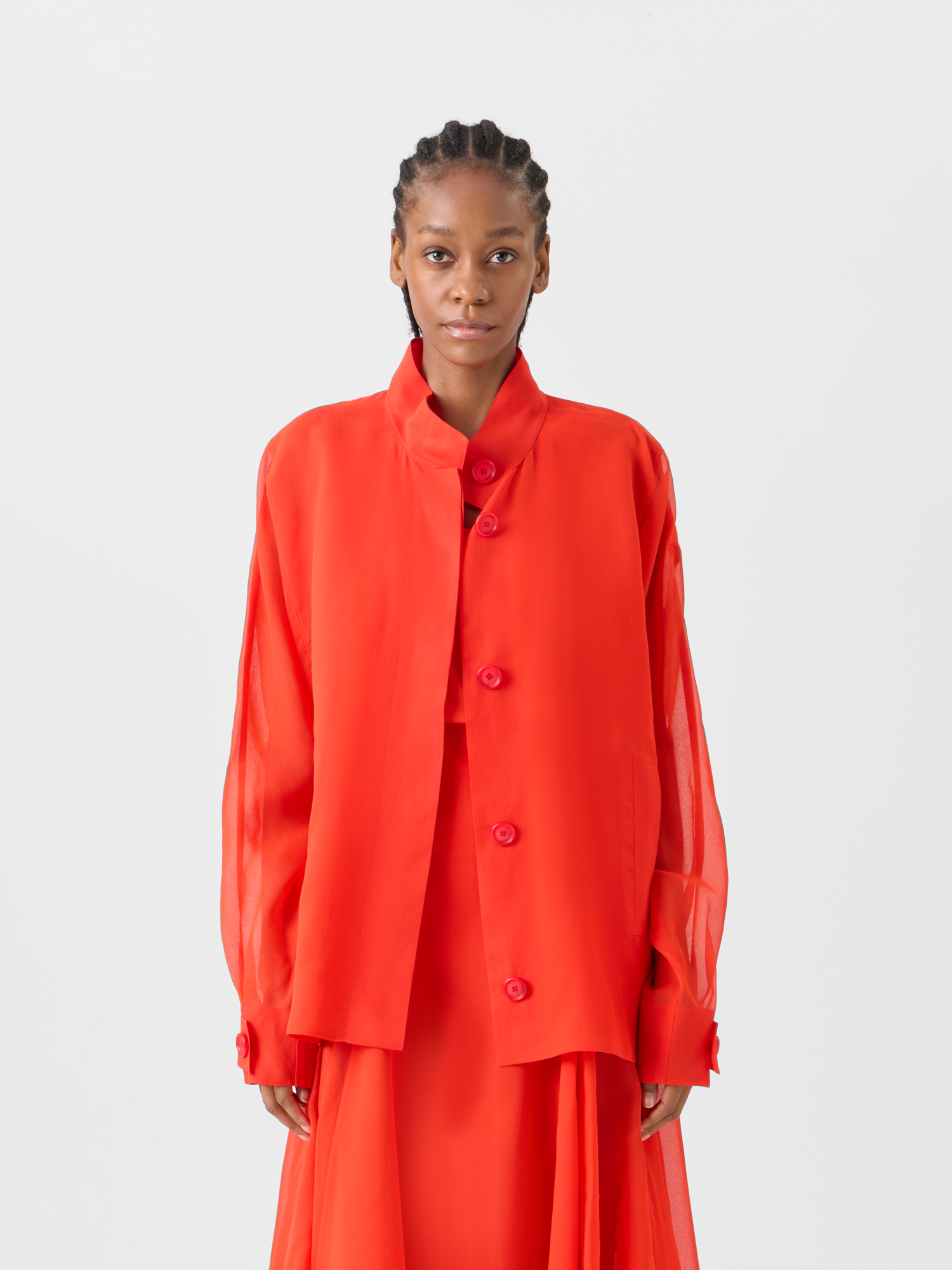 Designer Huma Oversize Parka Jacket in Silk Organza - red