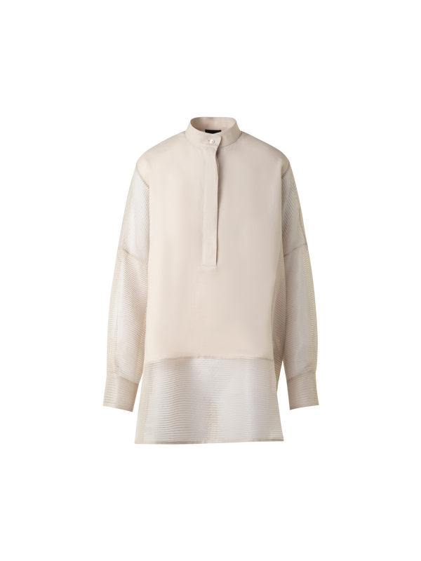 Designer Linen Tunic Blouse with Striped Organza - neutral - grey - beige