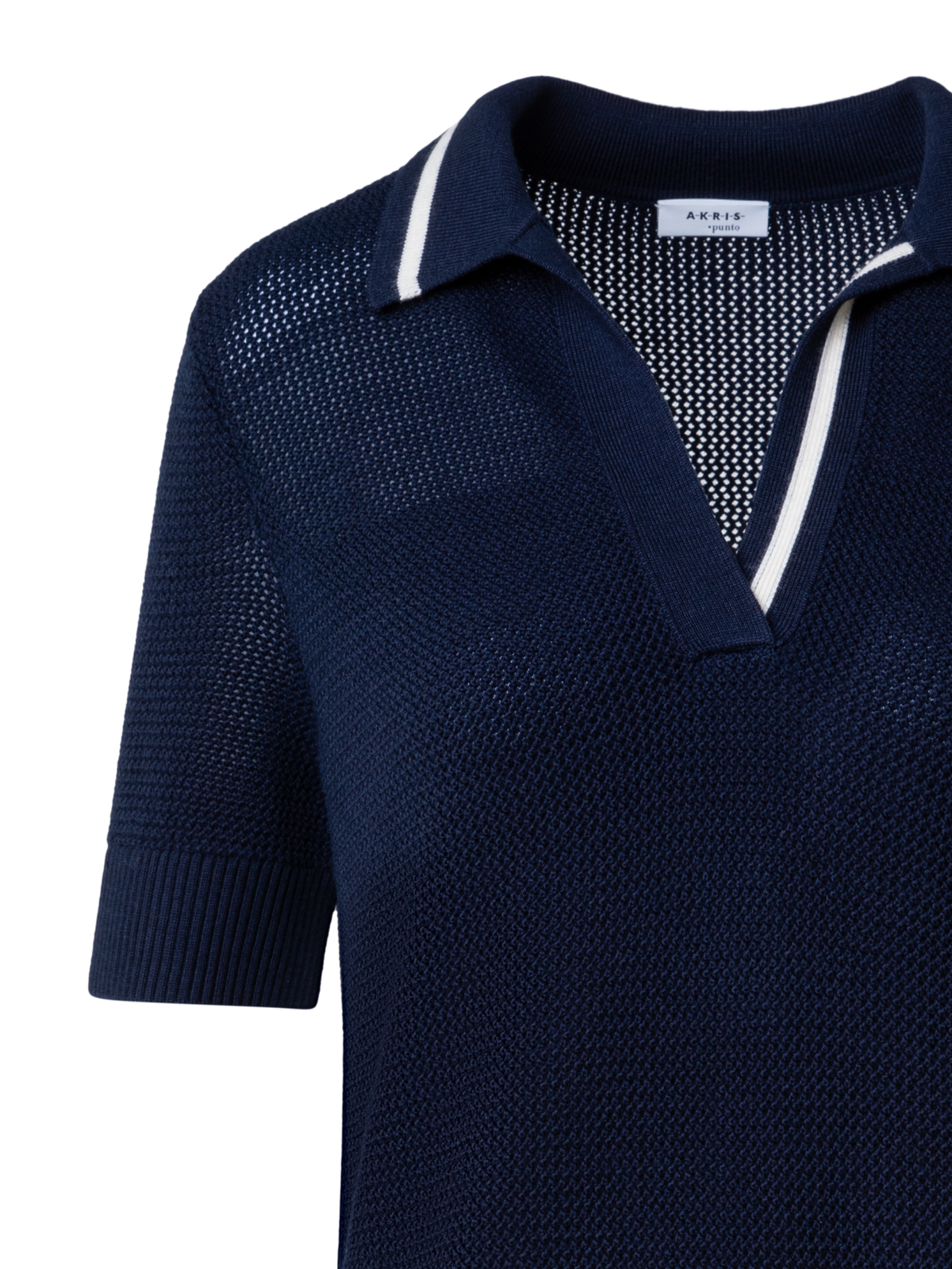 Designer Wool Blend Mesh Knit Polo Dress - navy - blue - multicolor