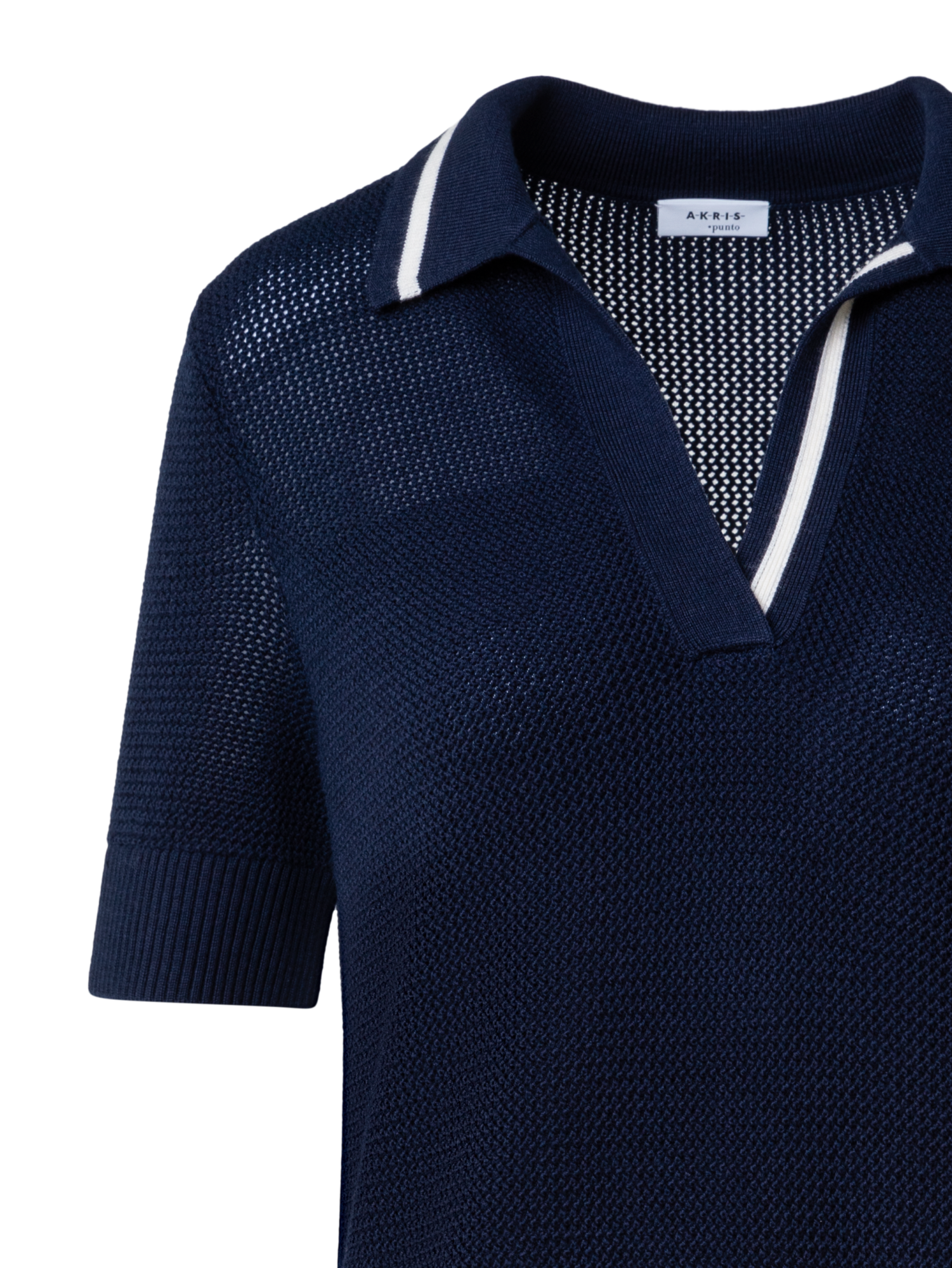 Designer Wool Blend Mesh Knit Polo Dress - navy - blue - multicolor