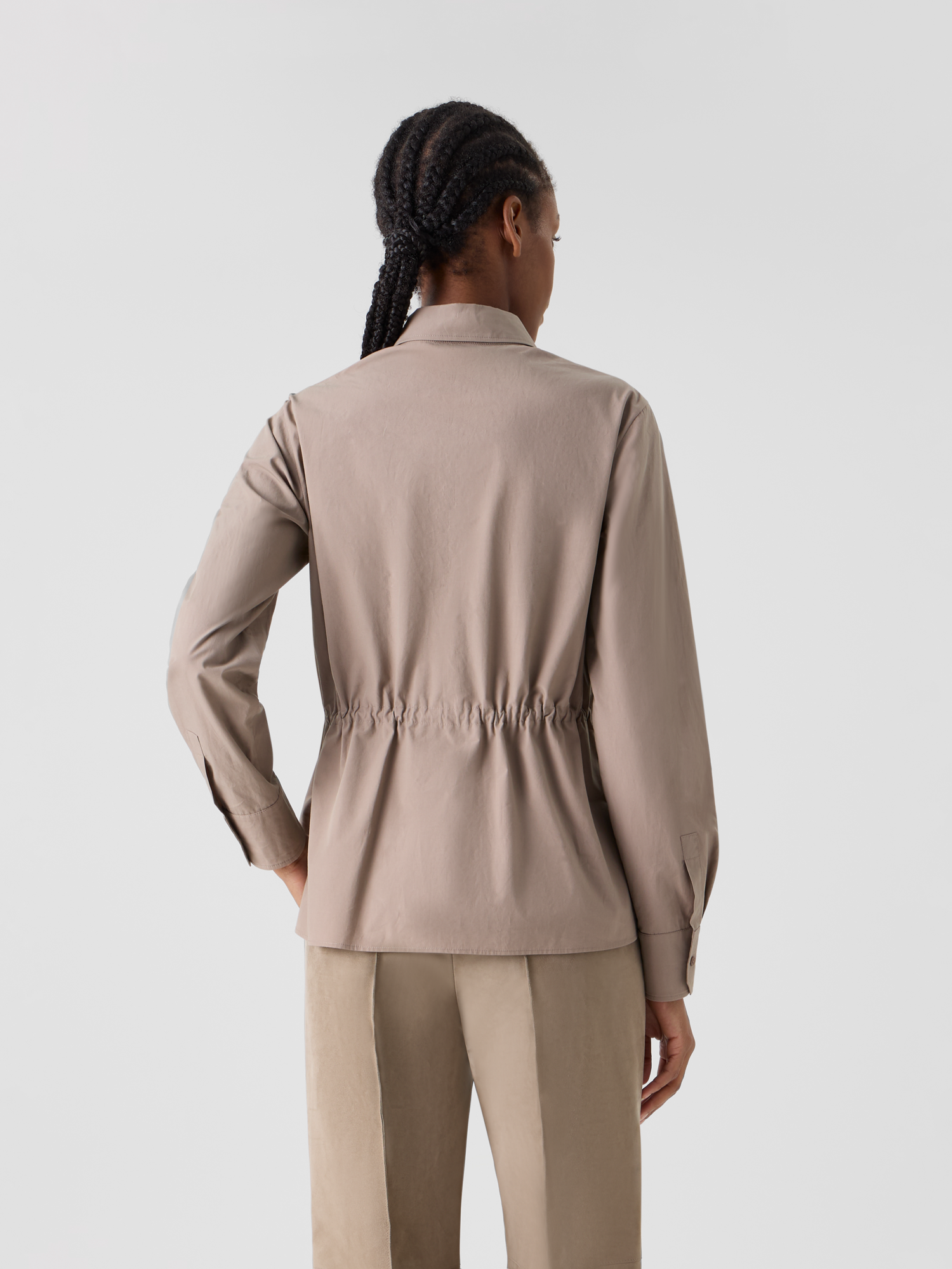 Designer Cotton Poplin Shirt with Waist Drawstring - beige 