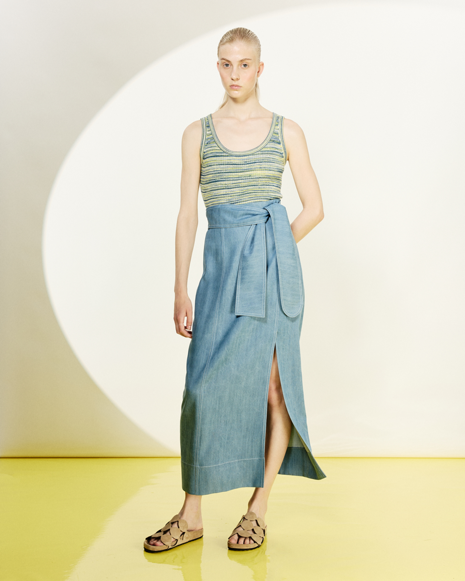 Designer Wrap-Detail Viscose Denim Midi Pencil Skirt - blue 