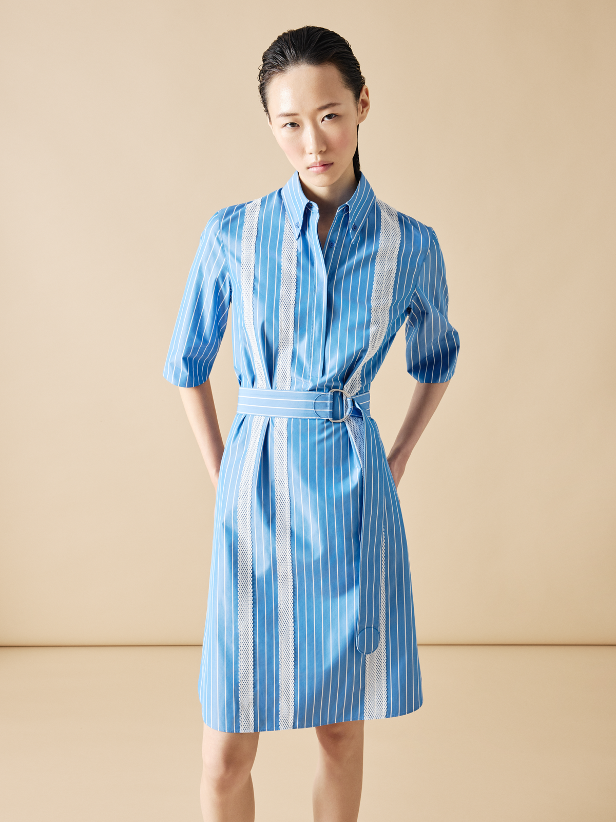 Designer Shirt Dress in Striped Cotton with Mesh Tape - blue - multicolor #editorial