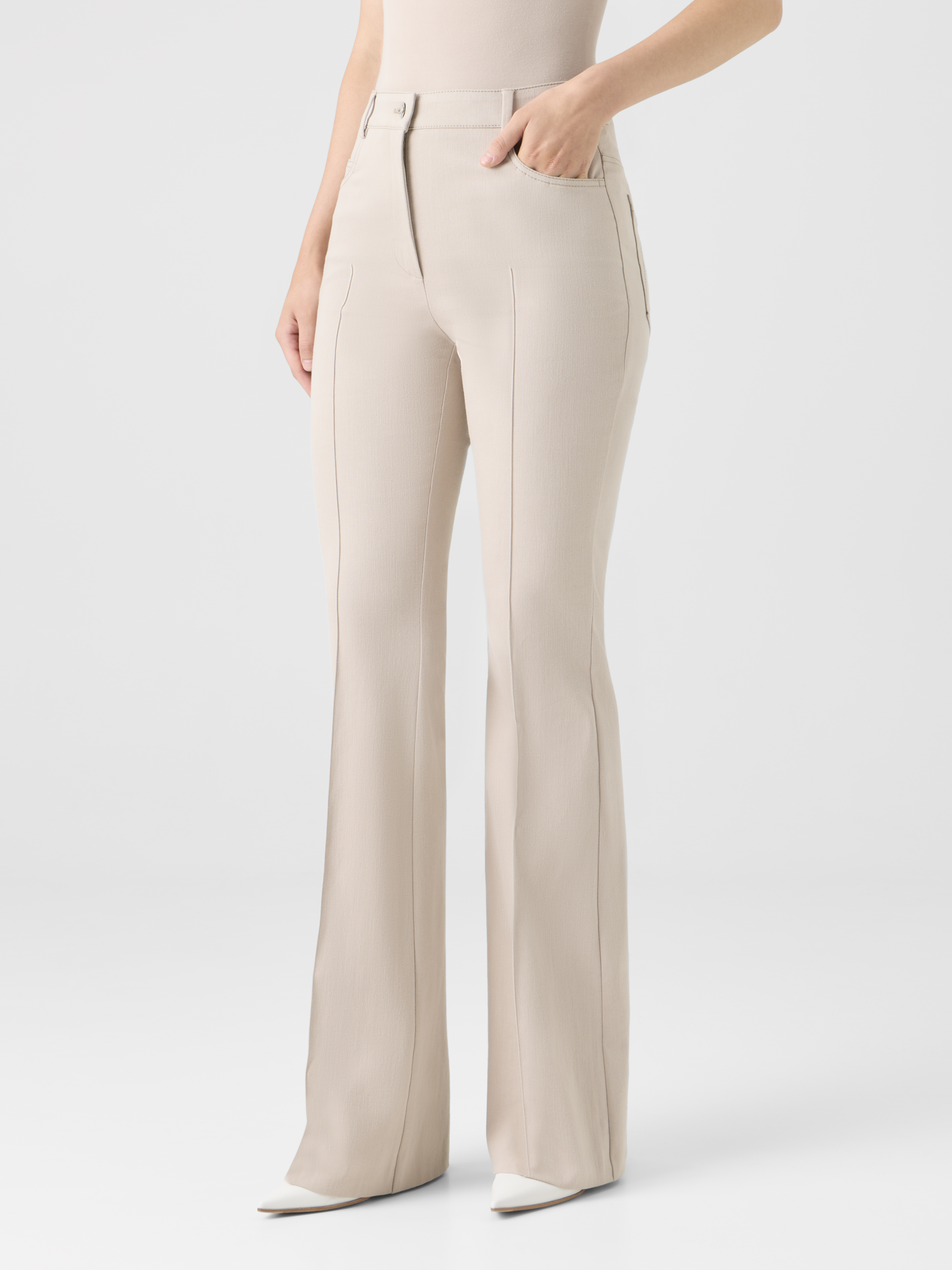 Designer Bootcut Cotton Denim Stretch Pants - beige 