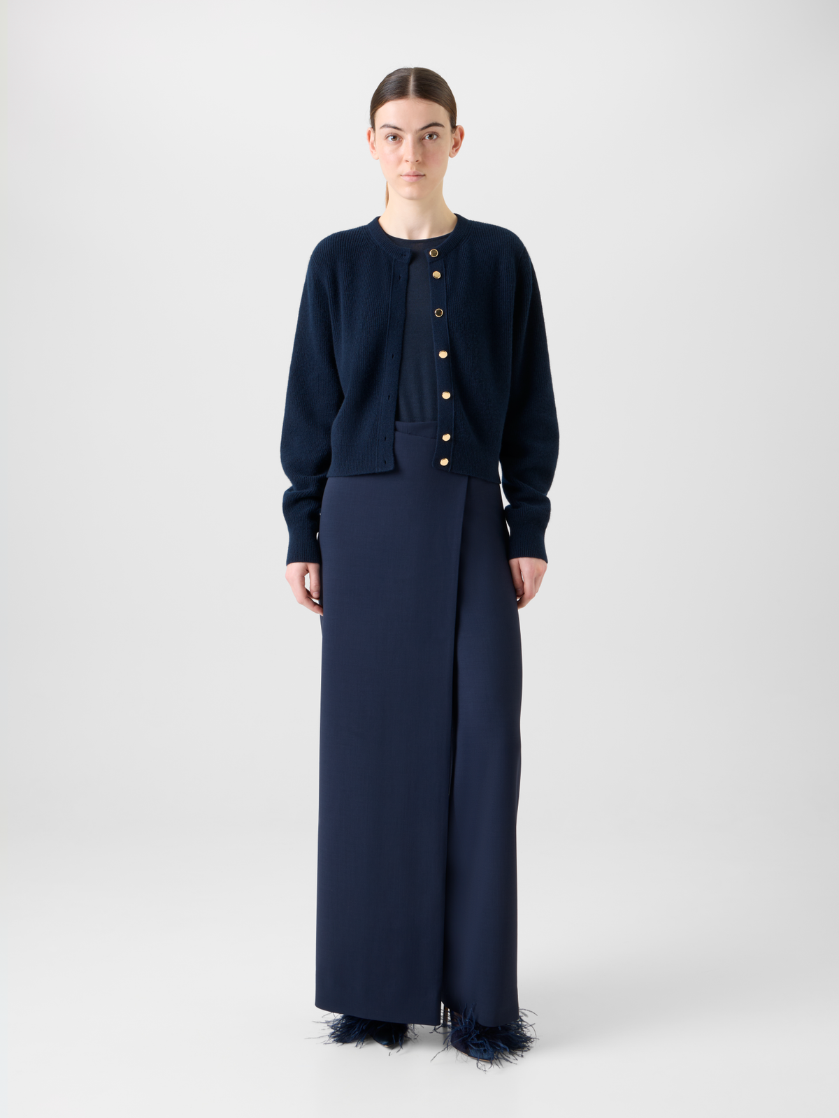 Designer Ribbed Cashmere Cardigan with Gold Buttons - neutral - navy - blue #editorial