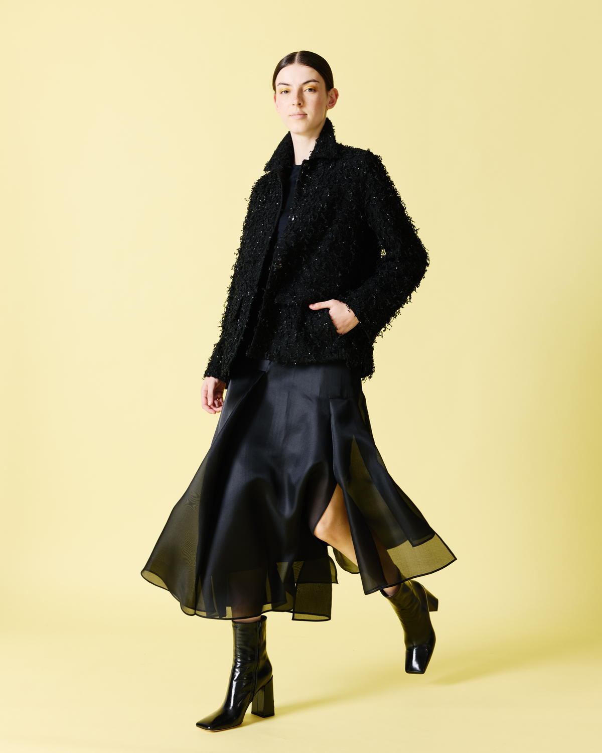 Designer Asymetrical Midi Skirt in Silk Organza - black #editorial