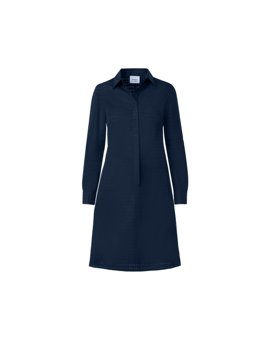Designer Perforated Pin Dot Cotton Poplin Dress - navy - blue