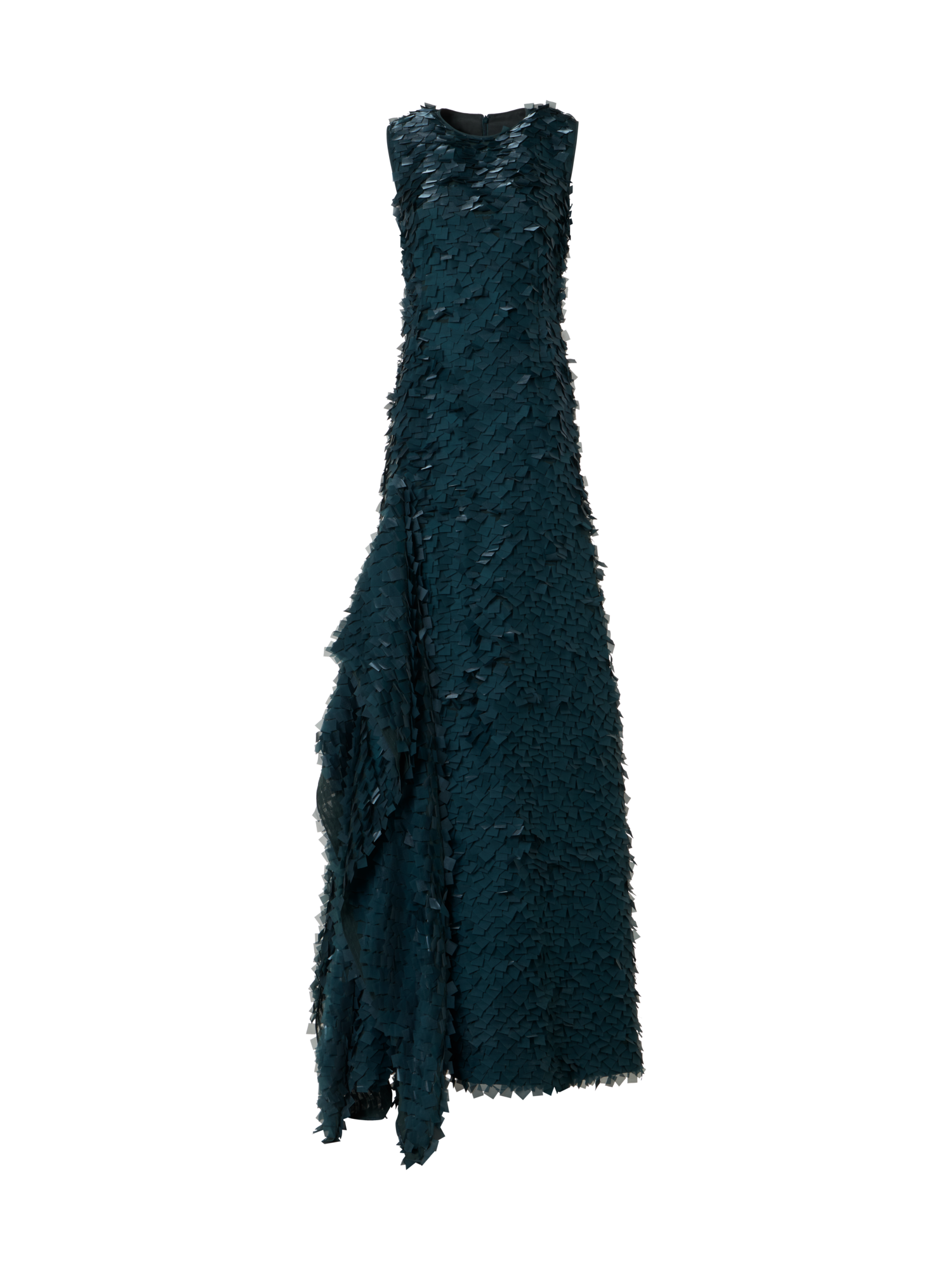 Designer Asymmetrical Gown in Layered Organza Tiles - green