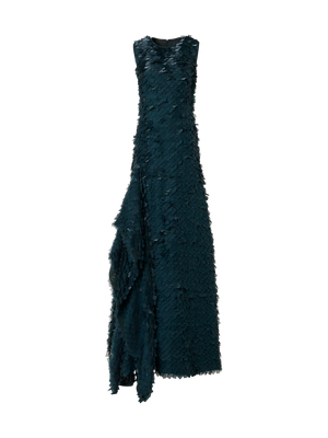 Designer Asymmetrical Gown in Layered Organza Tiles - green