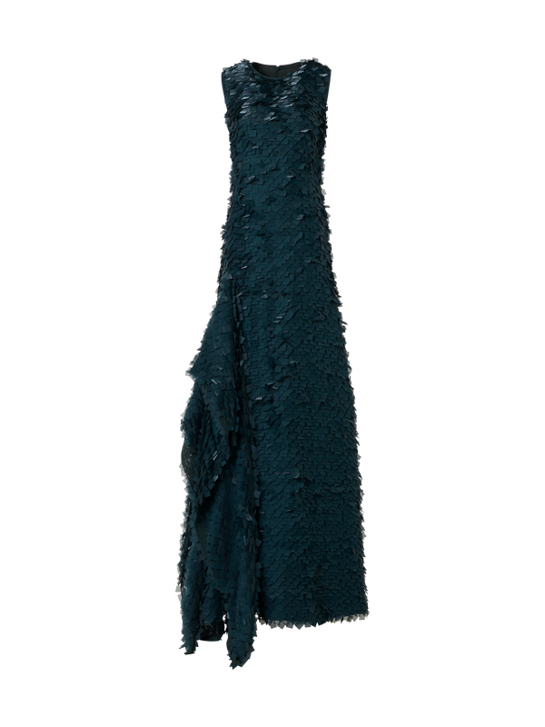 Designer Asymmetrical Gown in Layered Organza Tiles - green