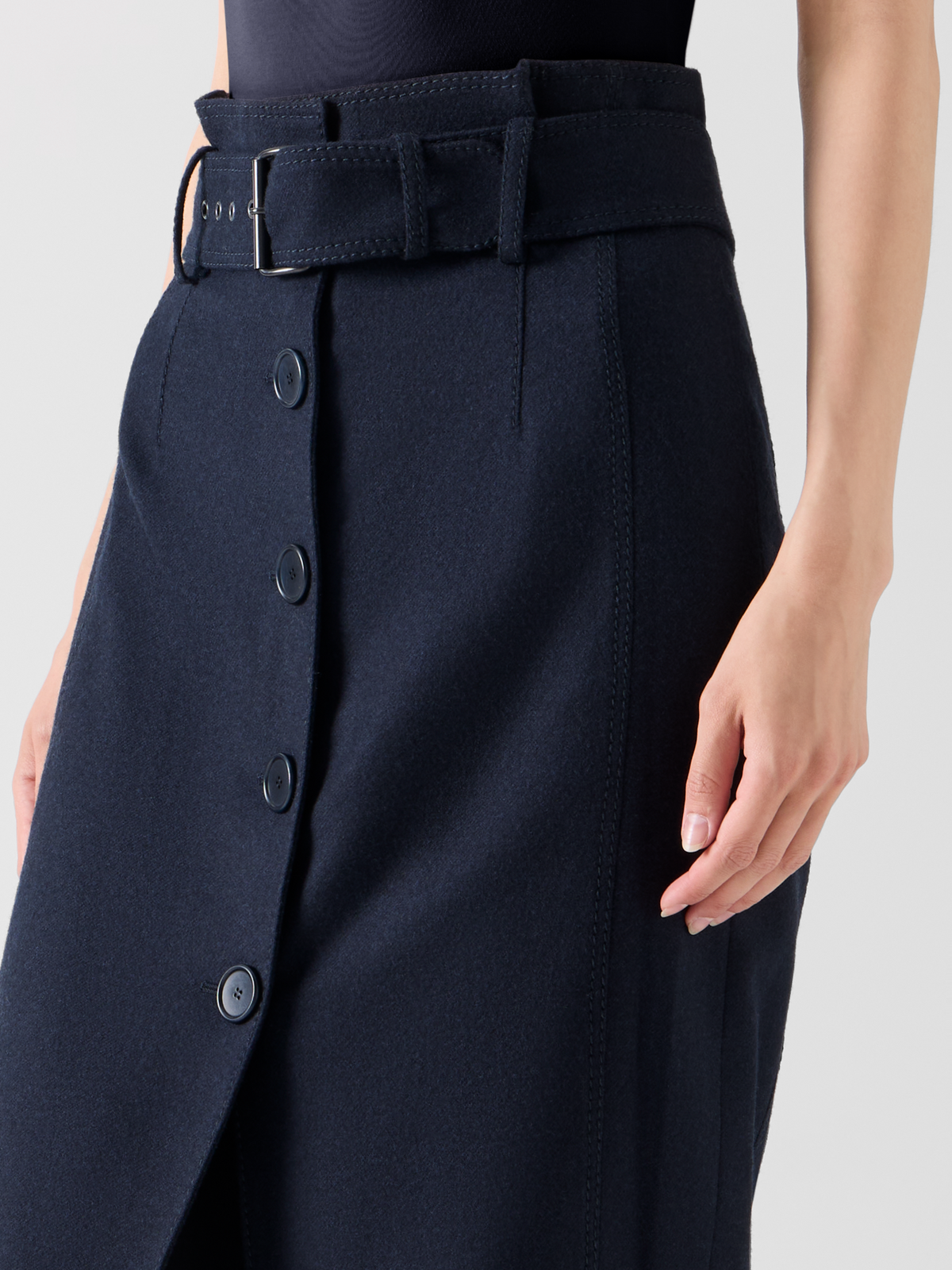 Designer High Waist Wool Flannel Pencil Skirt - navy #editorial