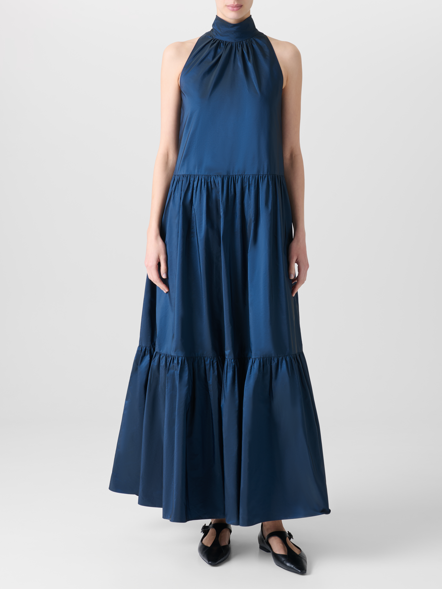 Designer Halter Maxi Dress in Tiered Techno Taffeta - neutral - navy - blue 