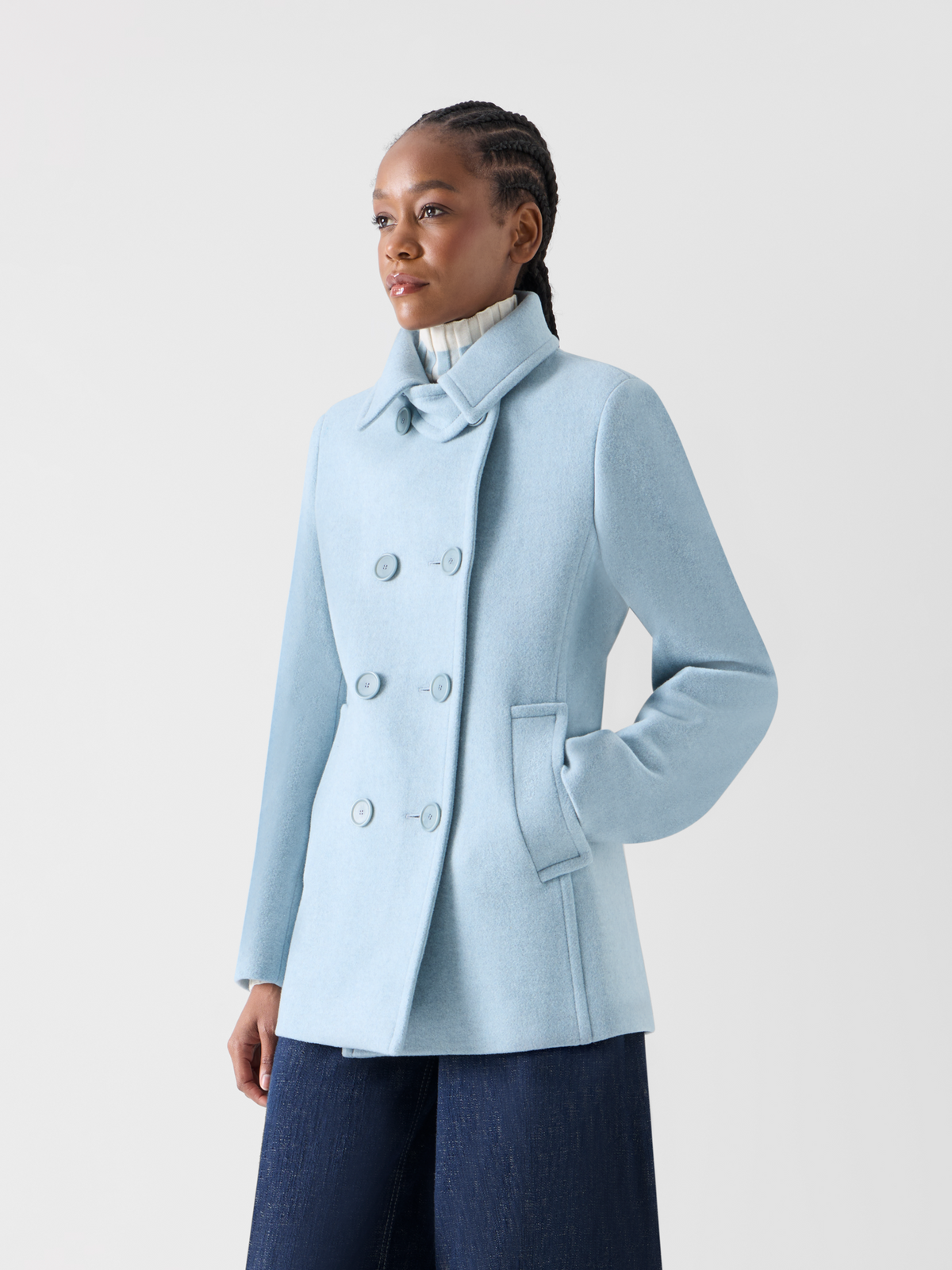 Designer Double-Breasted Peacoat in Felted Wool - blue #editorial