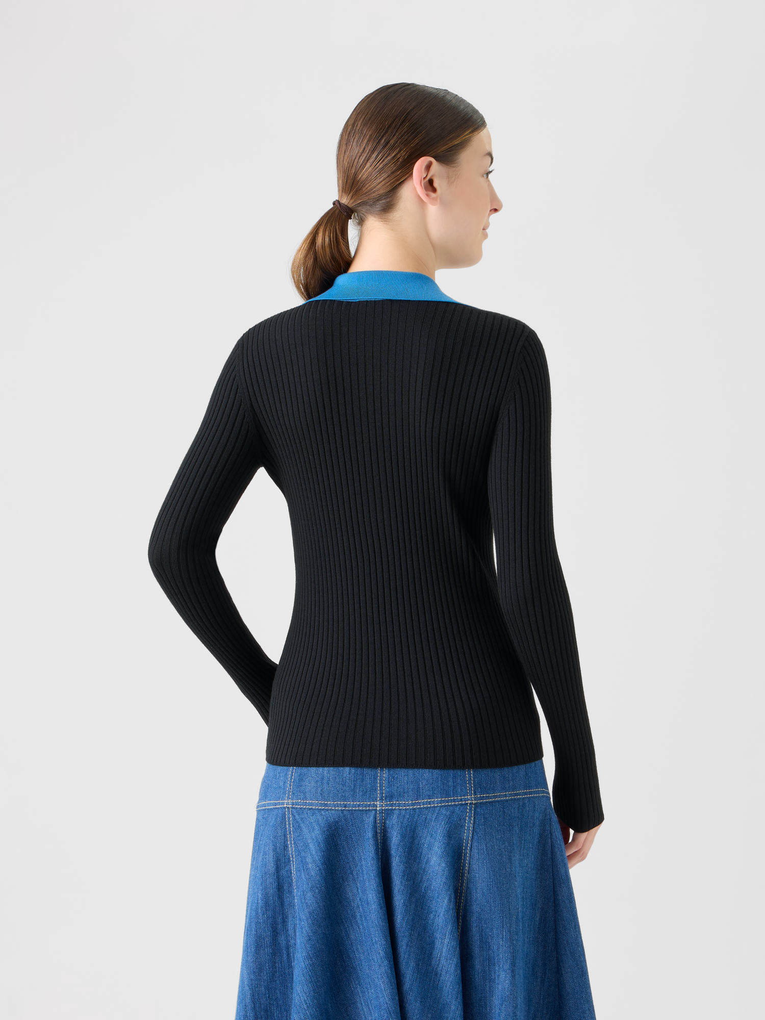 Designer Ribbed Merino Wool Polo Sweater - black 