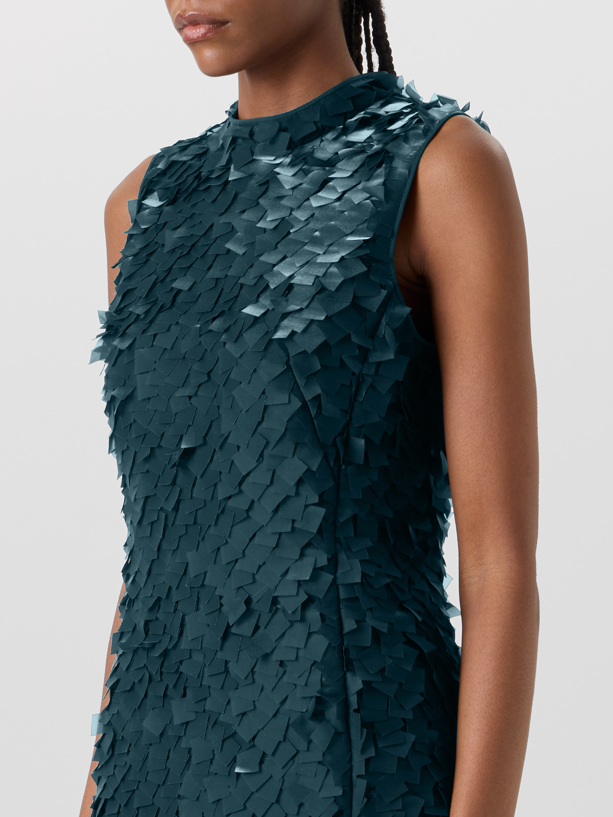 Designer Sleeveless Sheath Dress in Layered Organza Tiles - green 