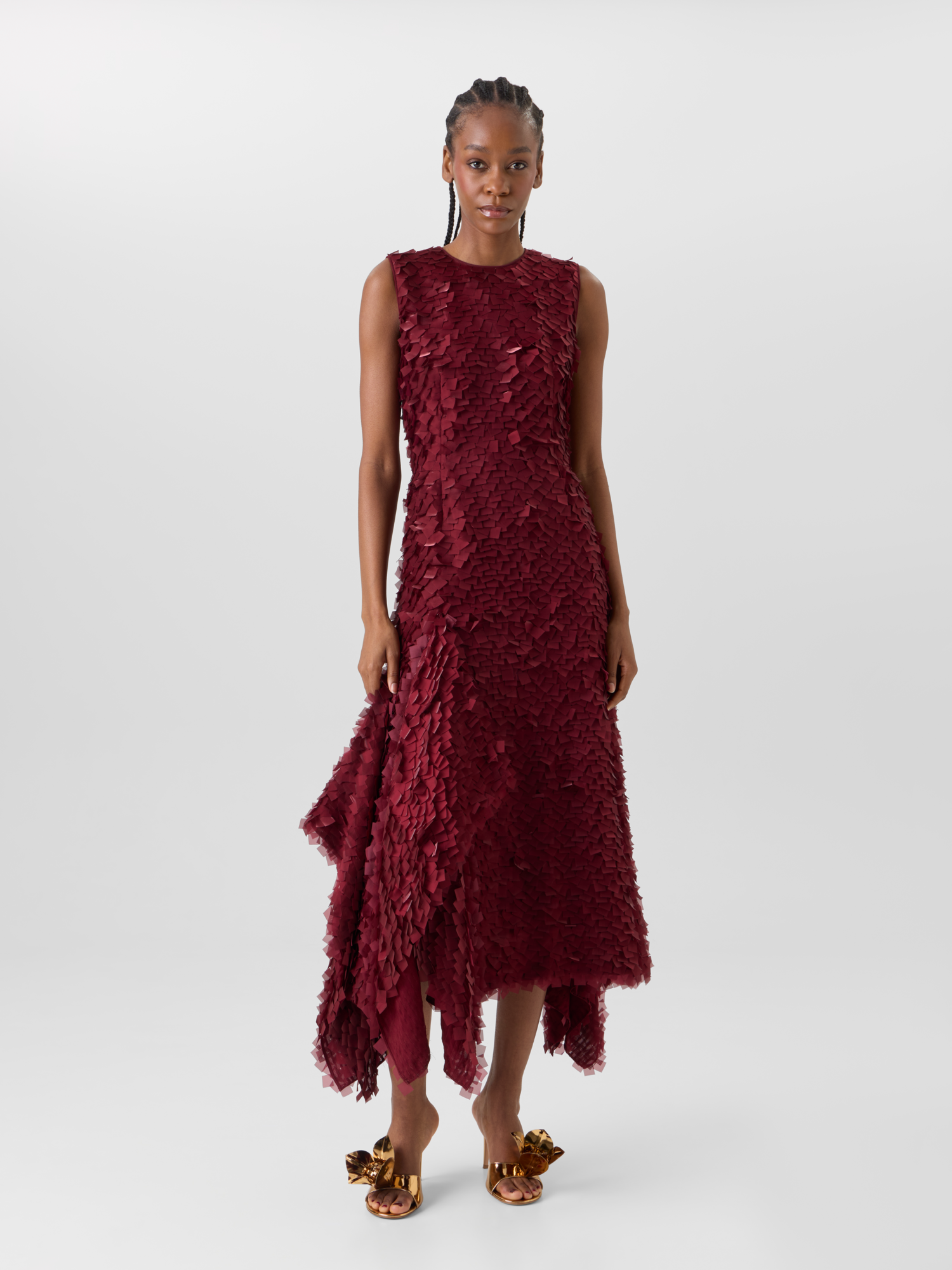 Designer Asymmetrical Midi Dress in Layered Organza Tiles - red 