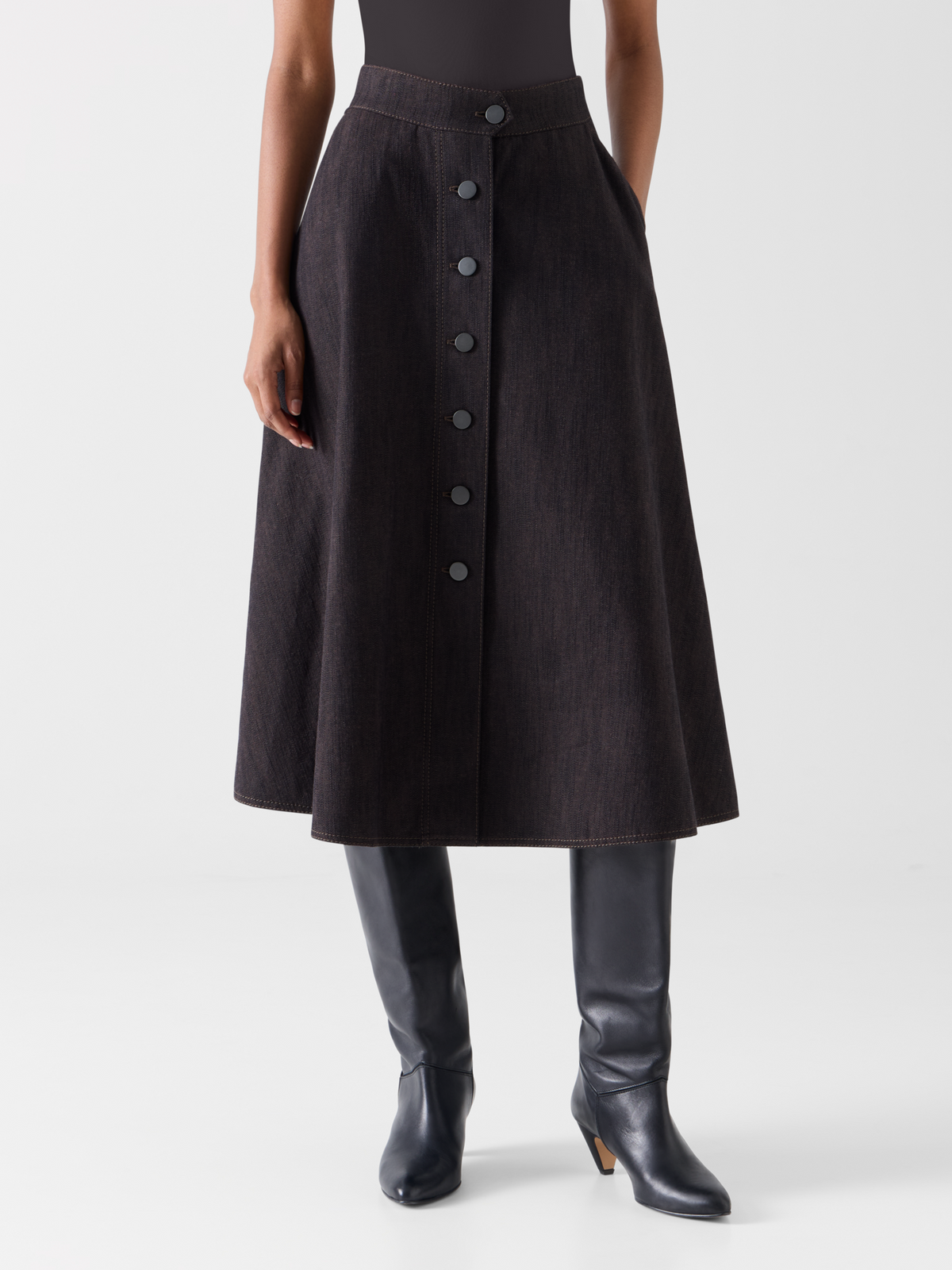Designer Flared Midi Skirt in Brushed Winter Denim - brown #editorial