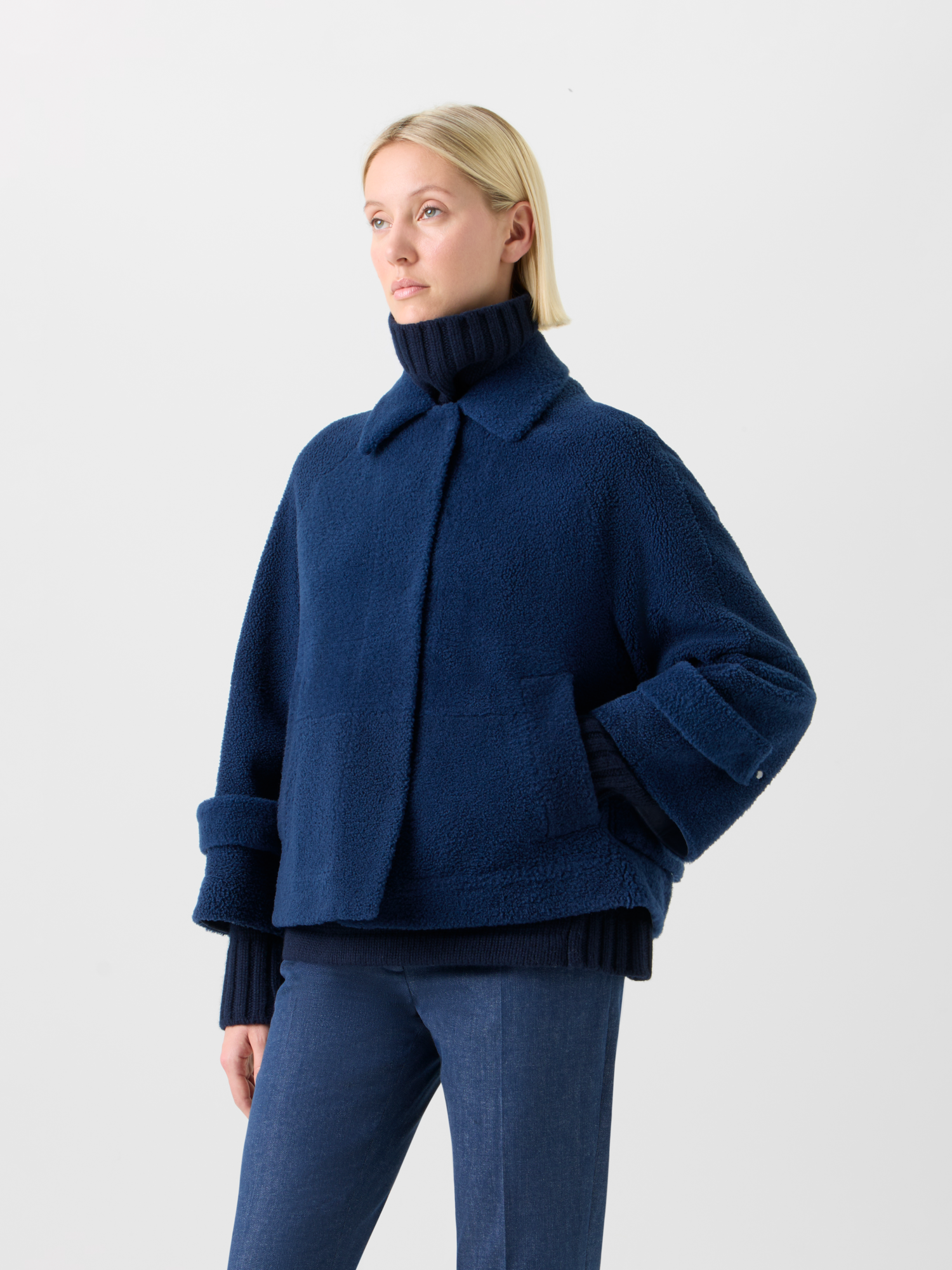 Designer Short A-Line Shearling Jacket - neutral - navy - blue 