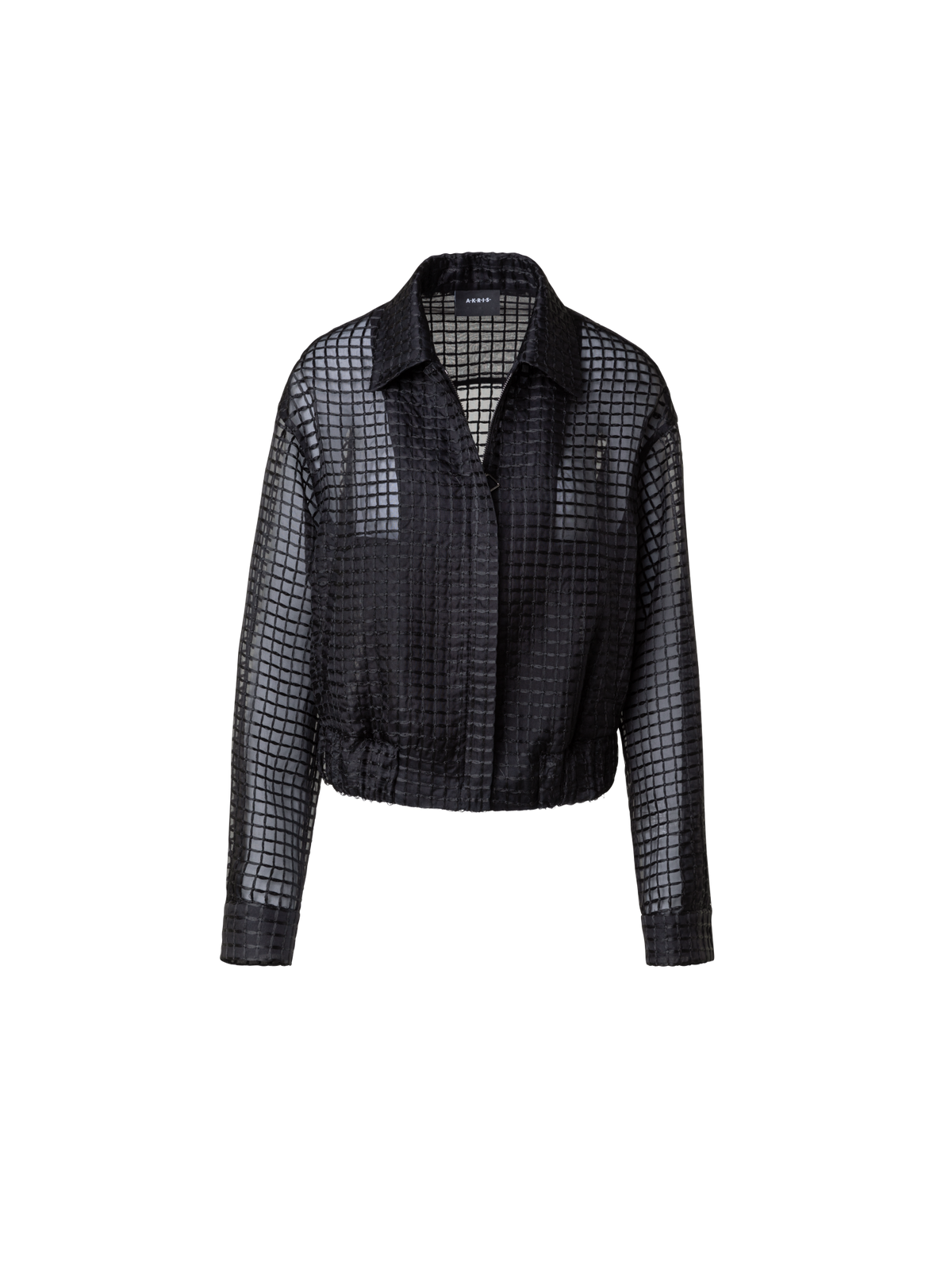 Designer Sheer Silk Blouson with Window Plaid Embroidery - black