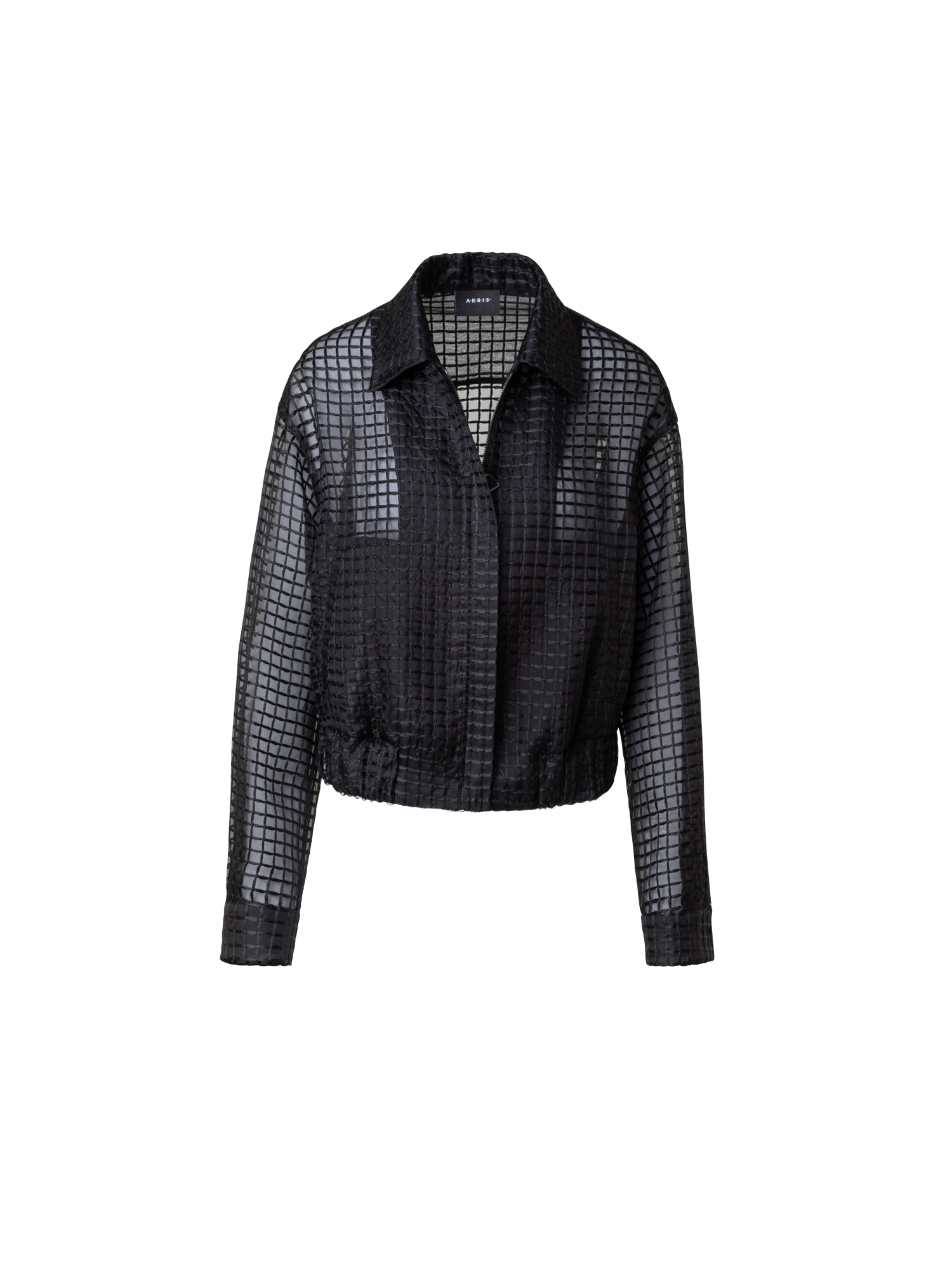 Designer Sheer Silk Blouson with Window Plaid Embroidery - black