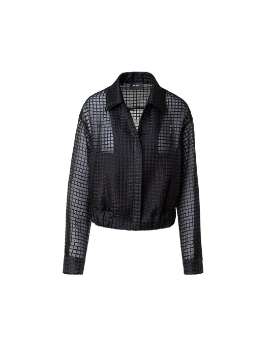 Designer Sheer Silk Blouson with Window Plaid Embroidery - black
