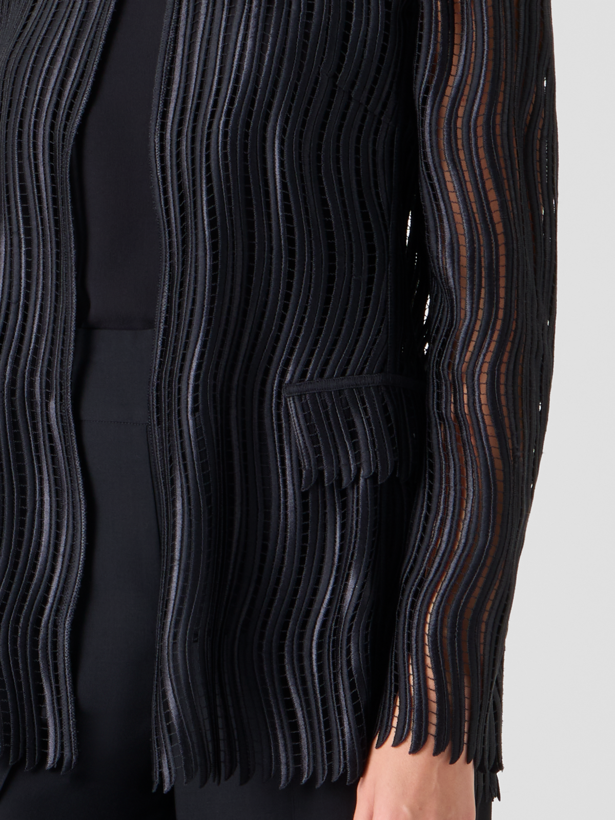 Designer Hekka Long Sheer Wave Guipure Jacket - black #editorial