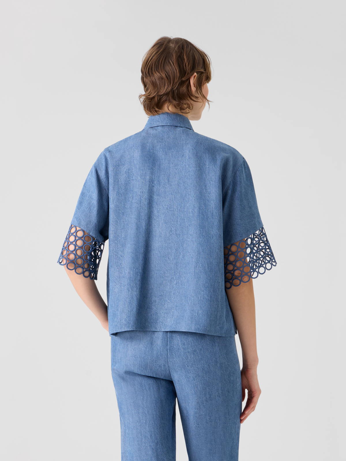 Designer Denim Blouse with Eyelet Guipure - blue