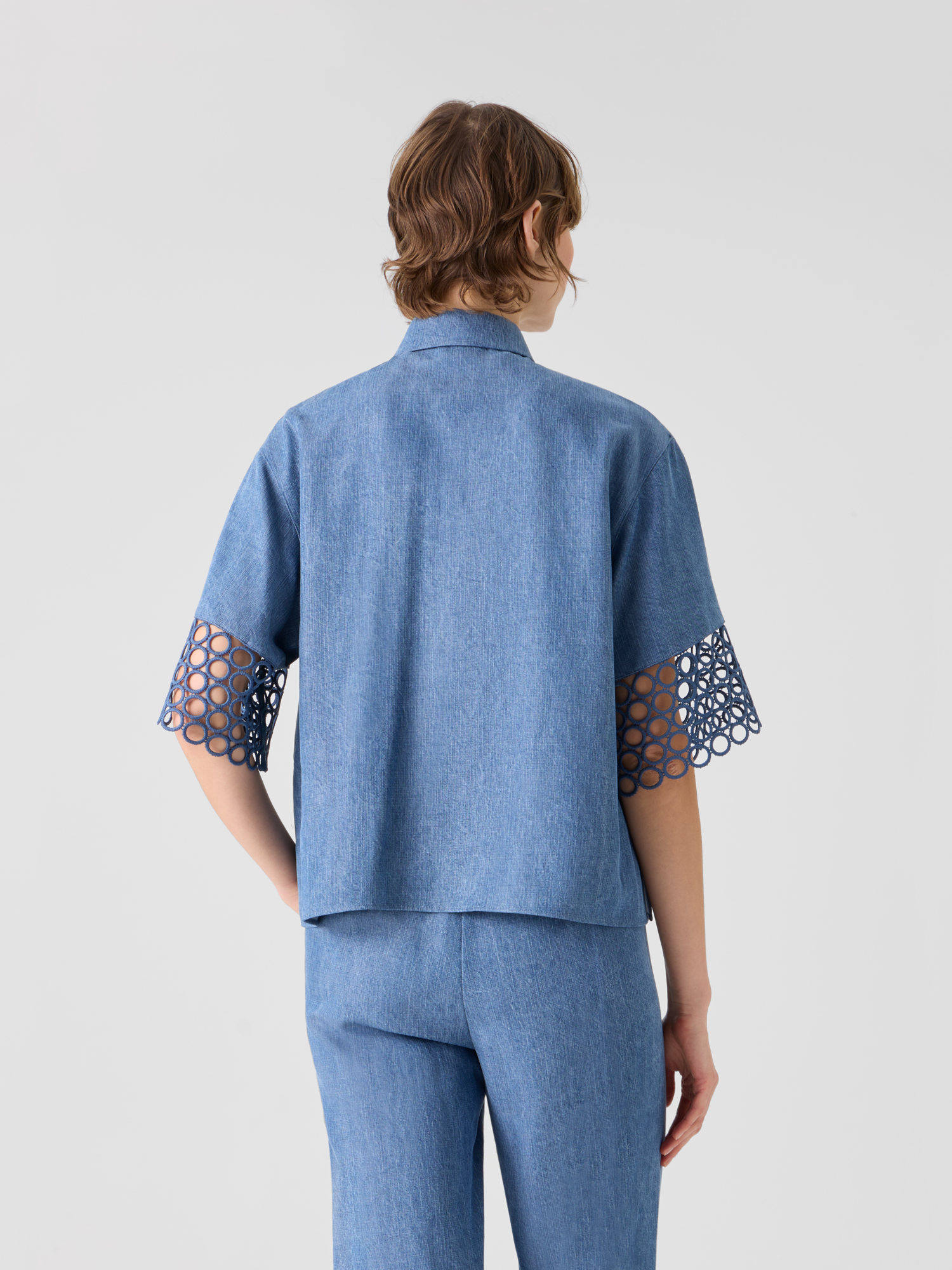 Designer Denim Blouse with Eyelet Guipure - blue