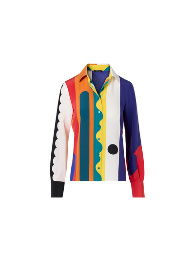 Designer Silk Crêpe Blouse with Paravent Print - multicolor