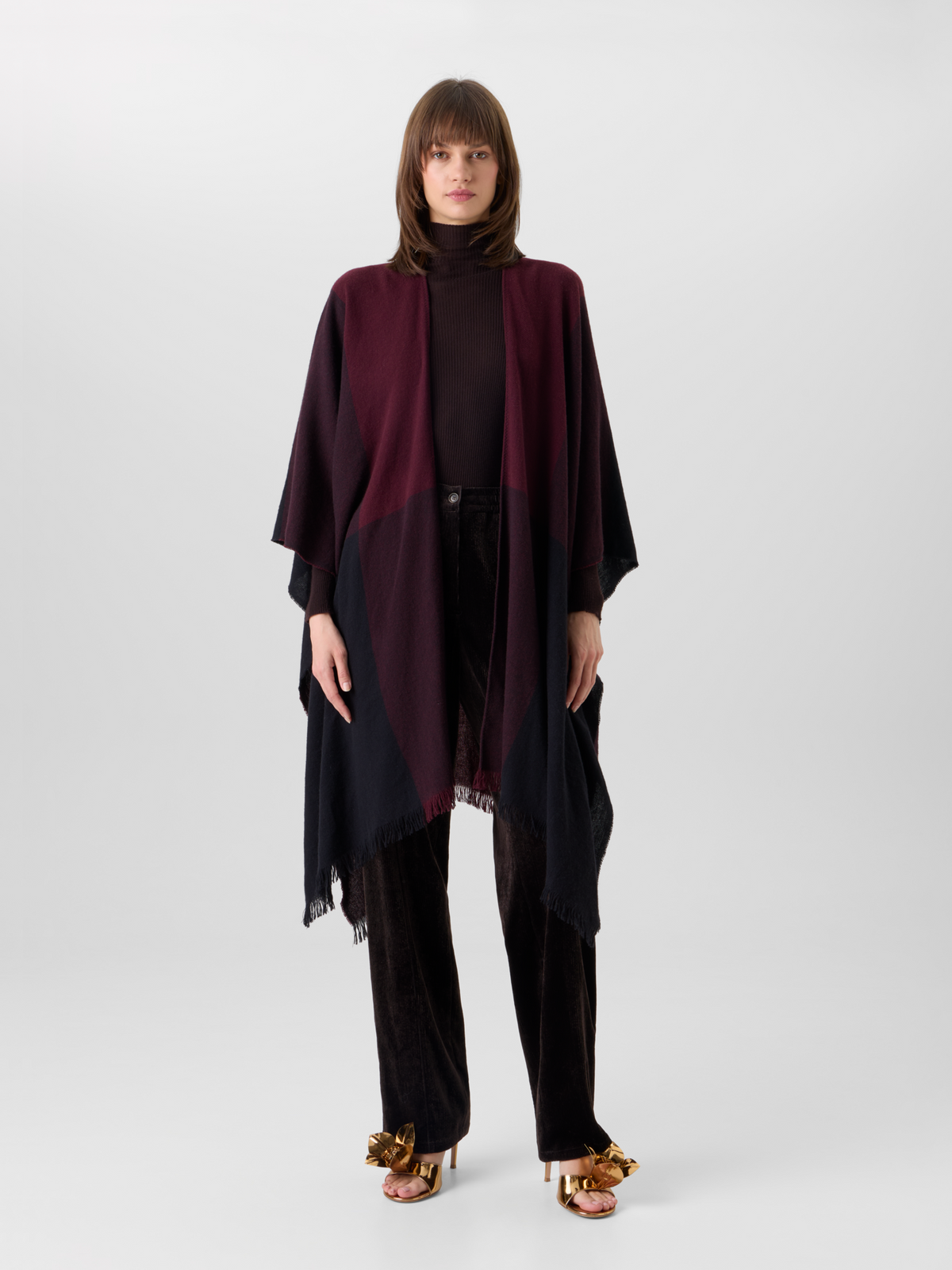 Designer Wool Cashmere Check Cape Scarf - red - wine 