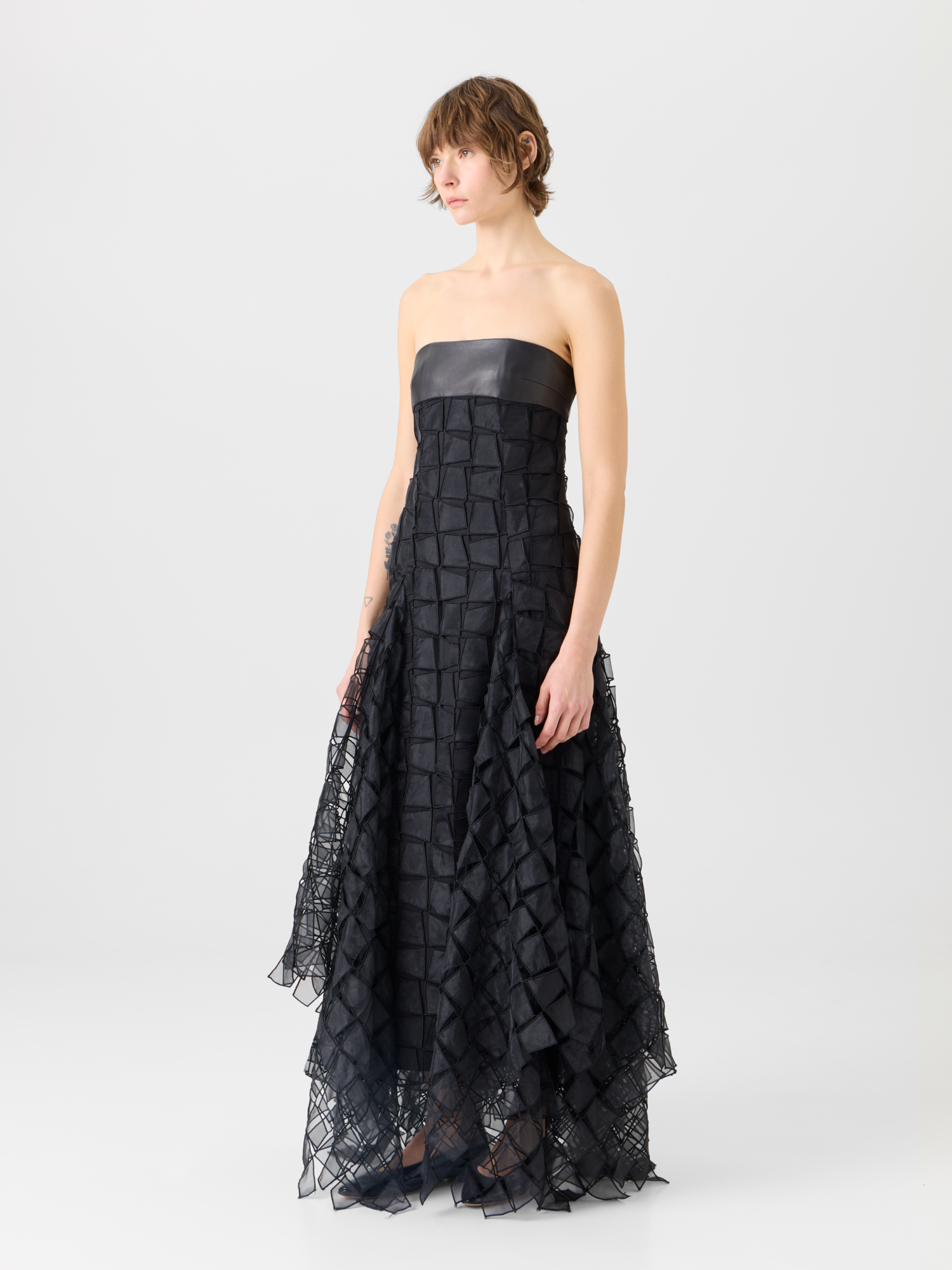Designer Organza Trapezoid Embroidery Strapless Gown - black