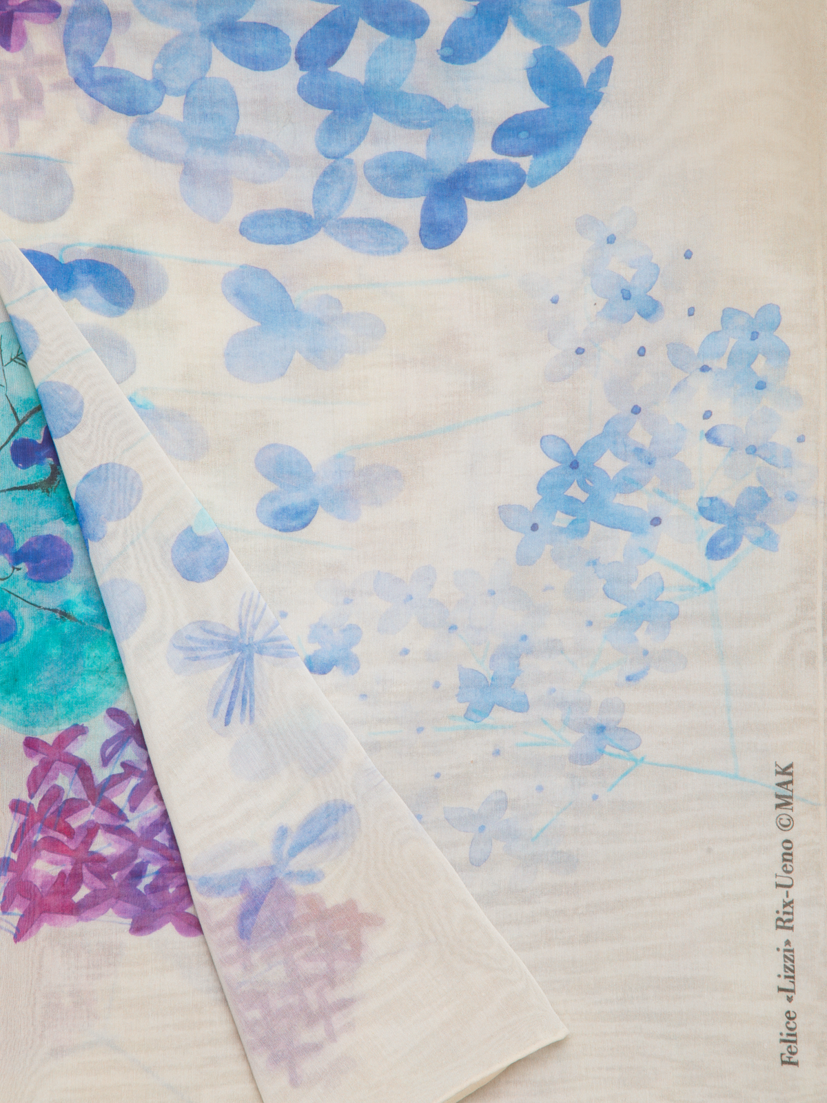 Designer Scarf in Cotton Silk with Denim Blossom Print - blue - multicolor - pink