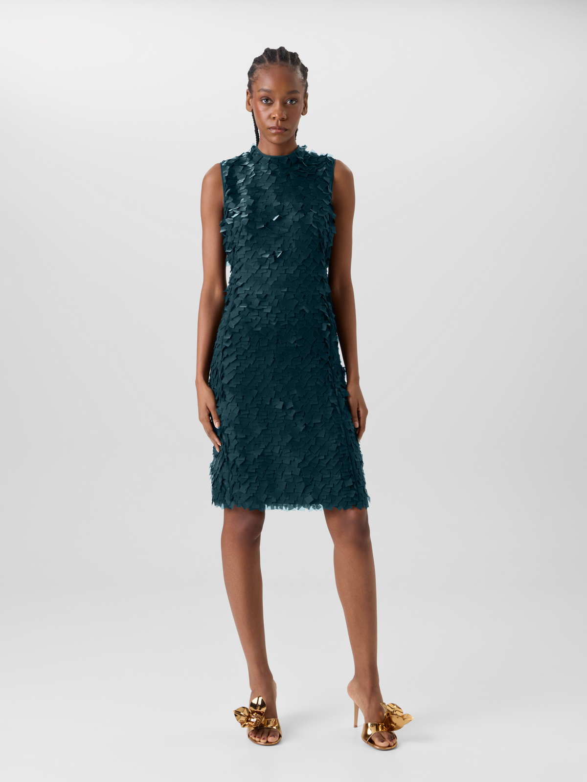 Designer Sleeveless Sheath Dress in Layered Organza Tiles - green 
