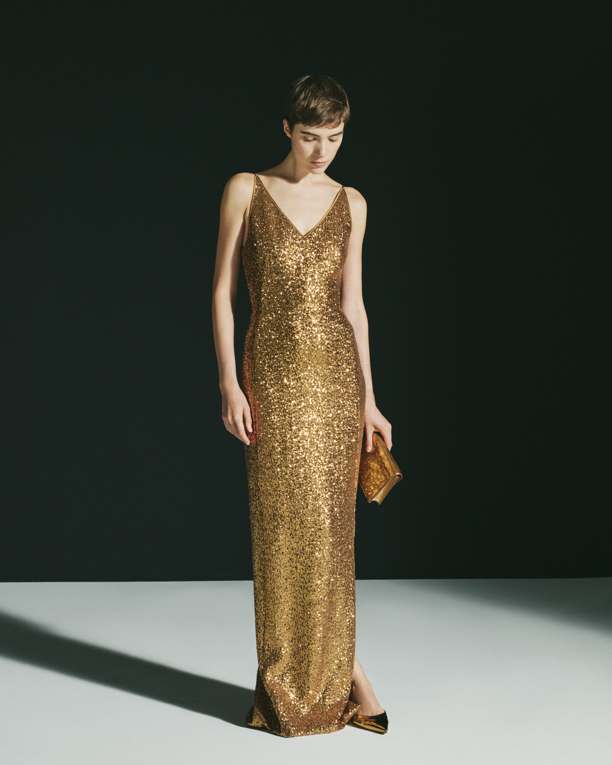 Designer Long Sequined Evening Gown with V-Neck - gold #editorial