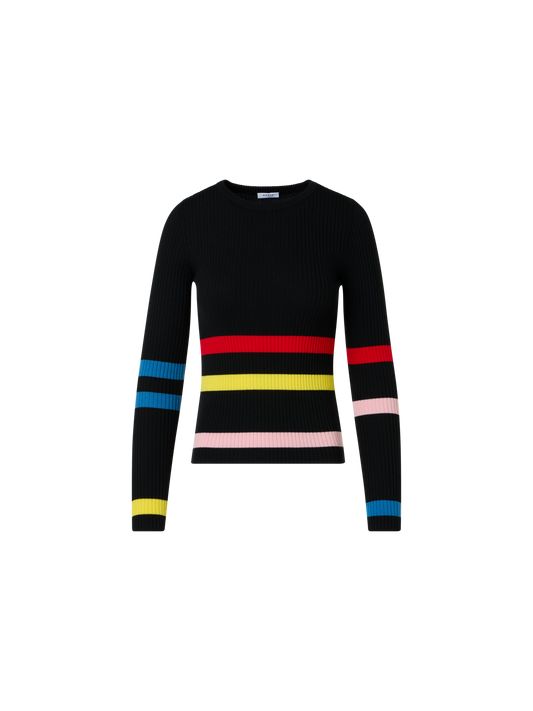 Designer Color-Block Stripe Ribbed Knit Sweater - black